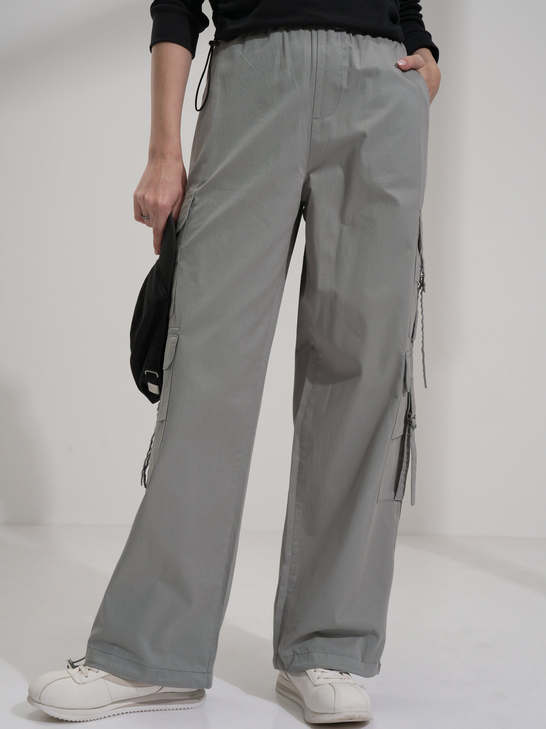 Tokyo Talkies Women Grey Solid Straight Fit Cargos - Grey - Image 1