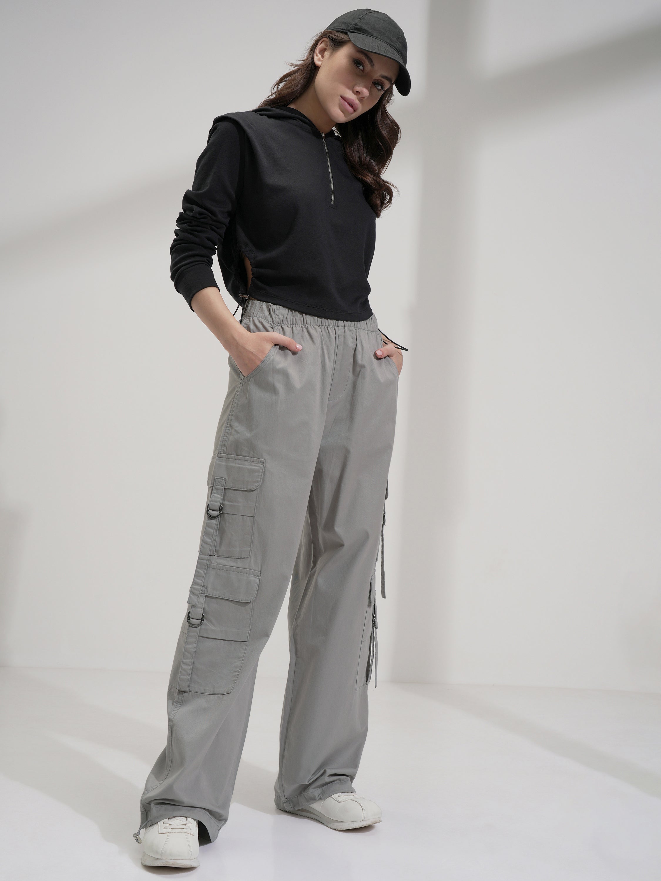Tokyo Talkies Women Grey Solid Straight Fit Cargos - Grey - Image 2
