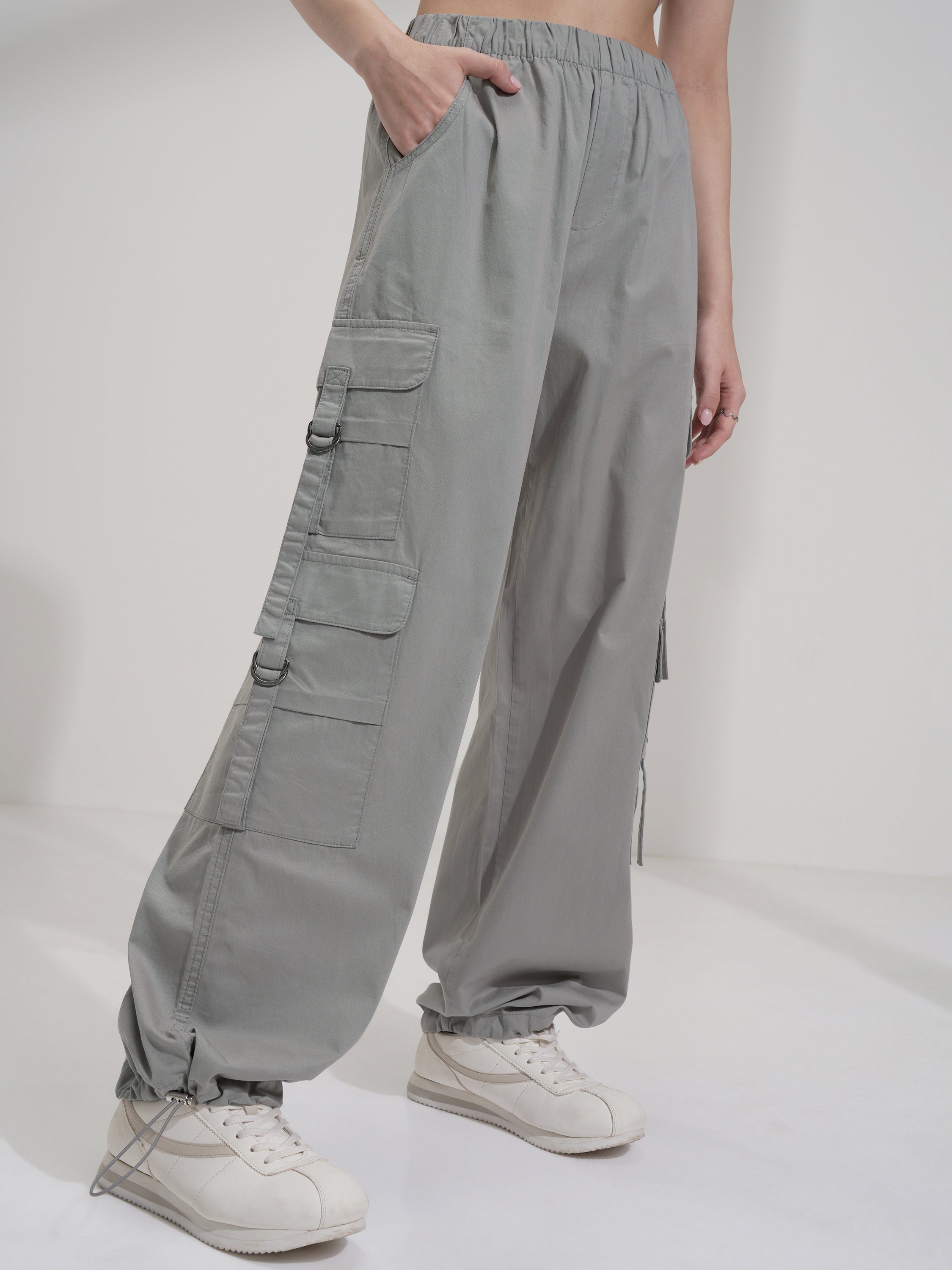 Tokyo Talkies Women Grey Solid Straight Fit Cargos - Grey - Image 6