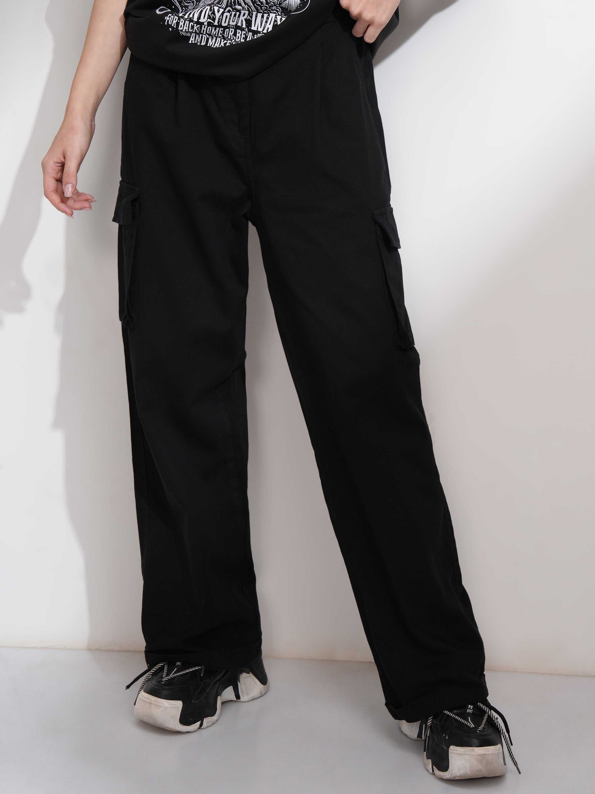 Tokyo Talkies Women Black Solid Straight Fit Casual Trouser - Black - Image 1