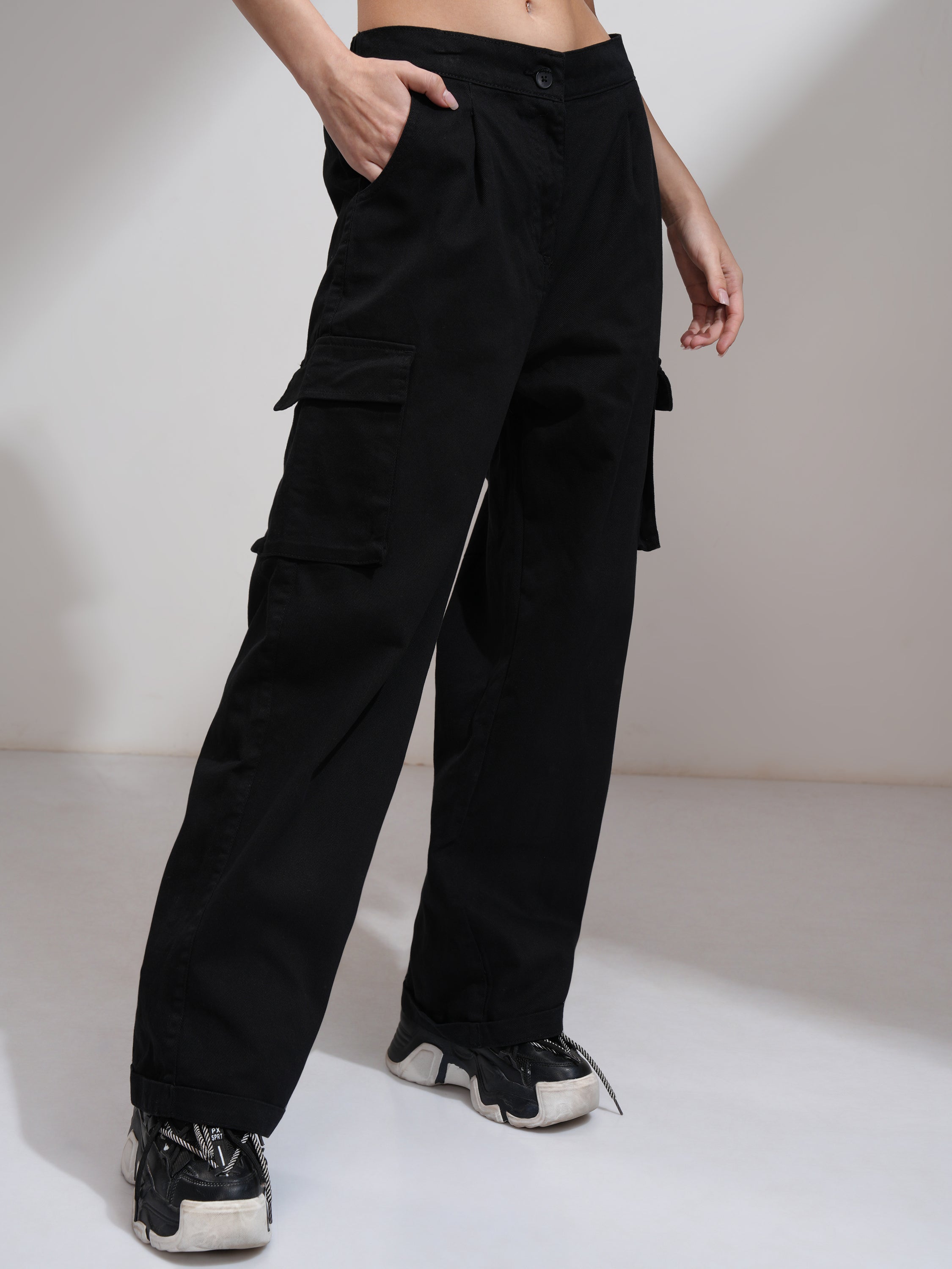 Tokyo Talkies Women Black Solid Straight Fit Casual Trouser - Black - Image 6