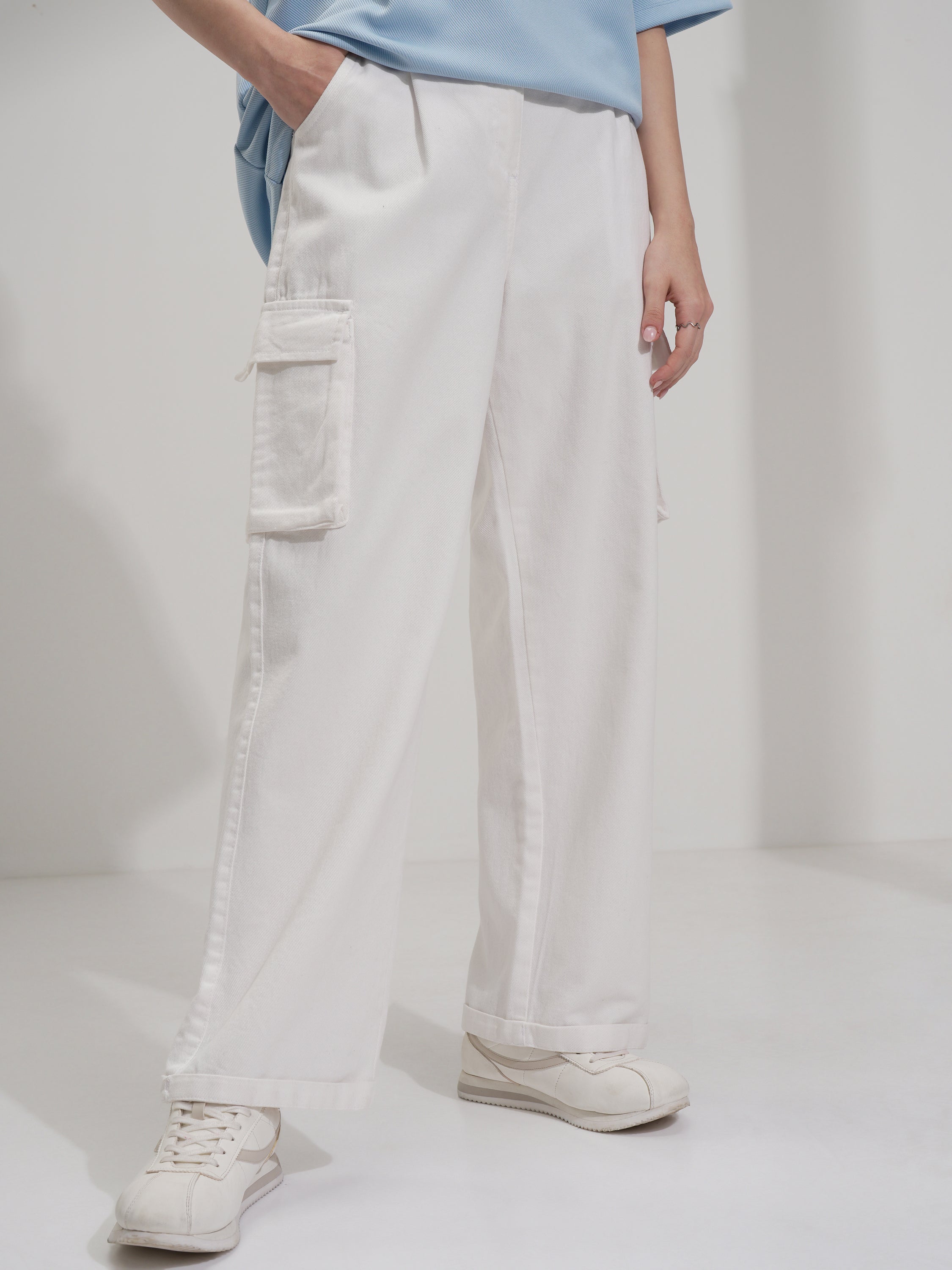 Tokyo Talkies Women White Solid Straight Fit Cargos - White - Image 1