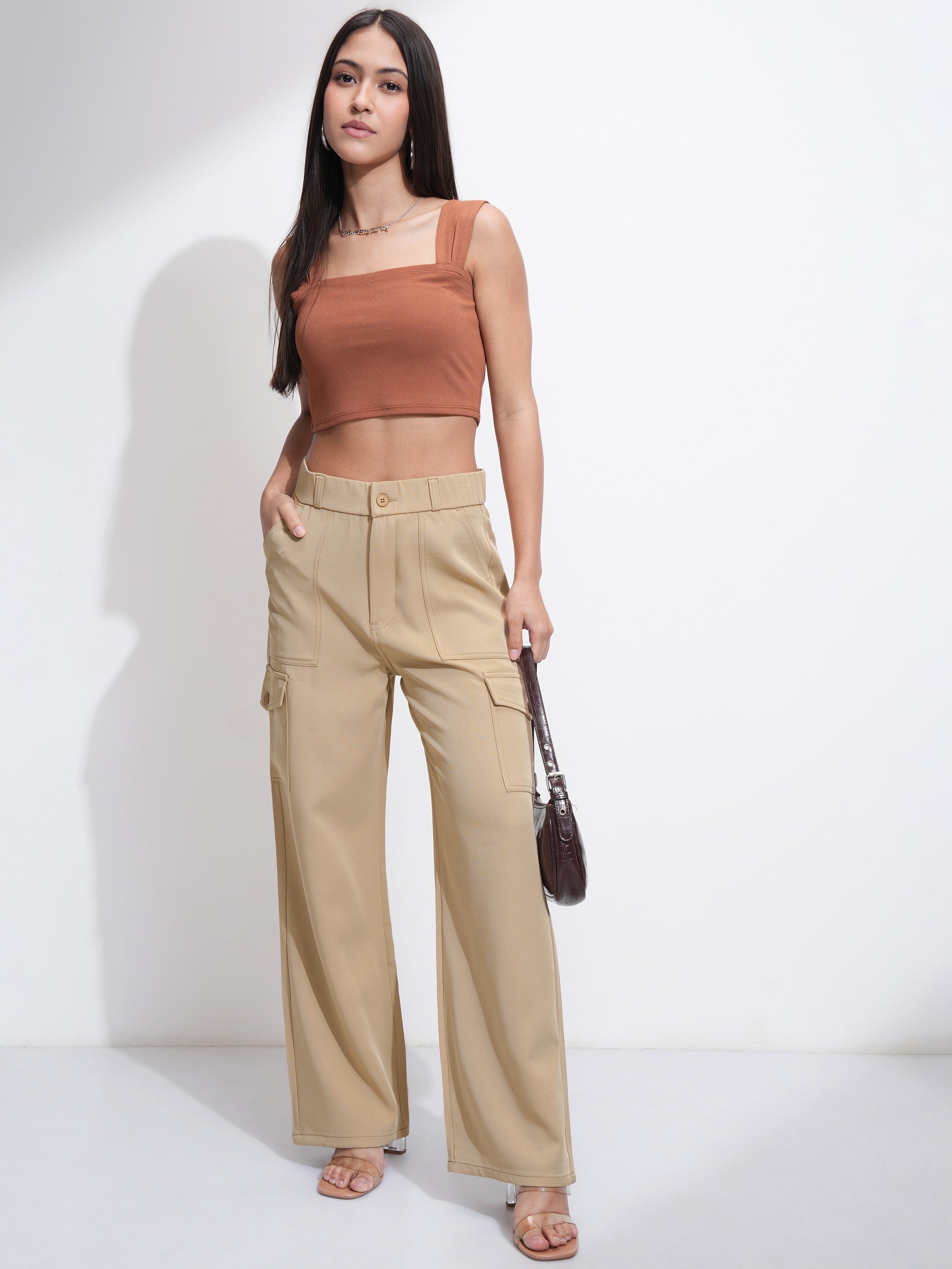 Tokyo Talkies Women Khaki Solid Straight Fit Cargos - Khaki - Image 2
