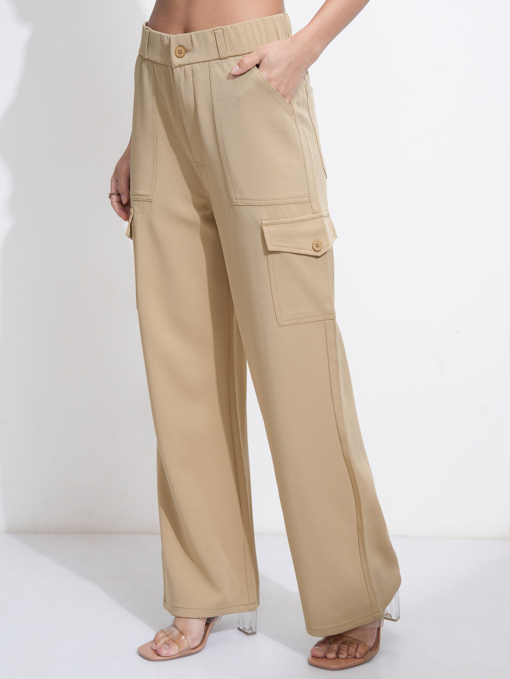 Tokyo Talkies Women Khaki Solid Straight Fit Cargos - Khaki - Image 4
