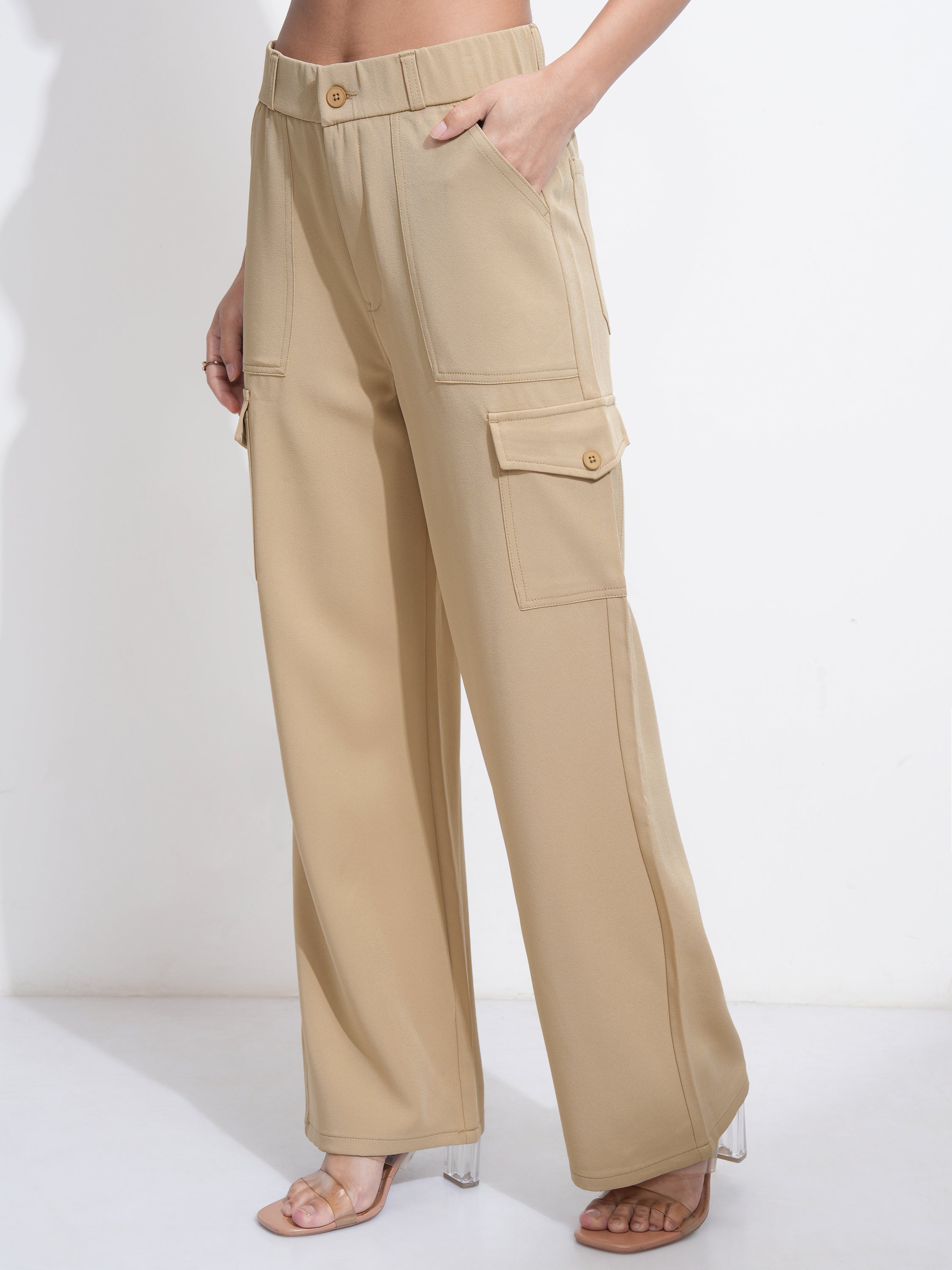 Tokyo Talkies Women Khaki Solid Straight Fit Cargos - Khaki - Image 4