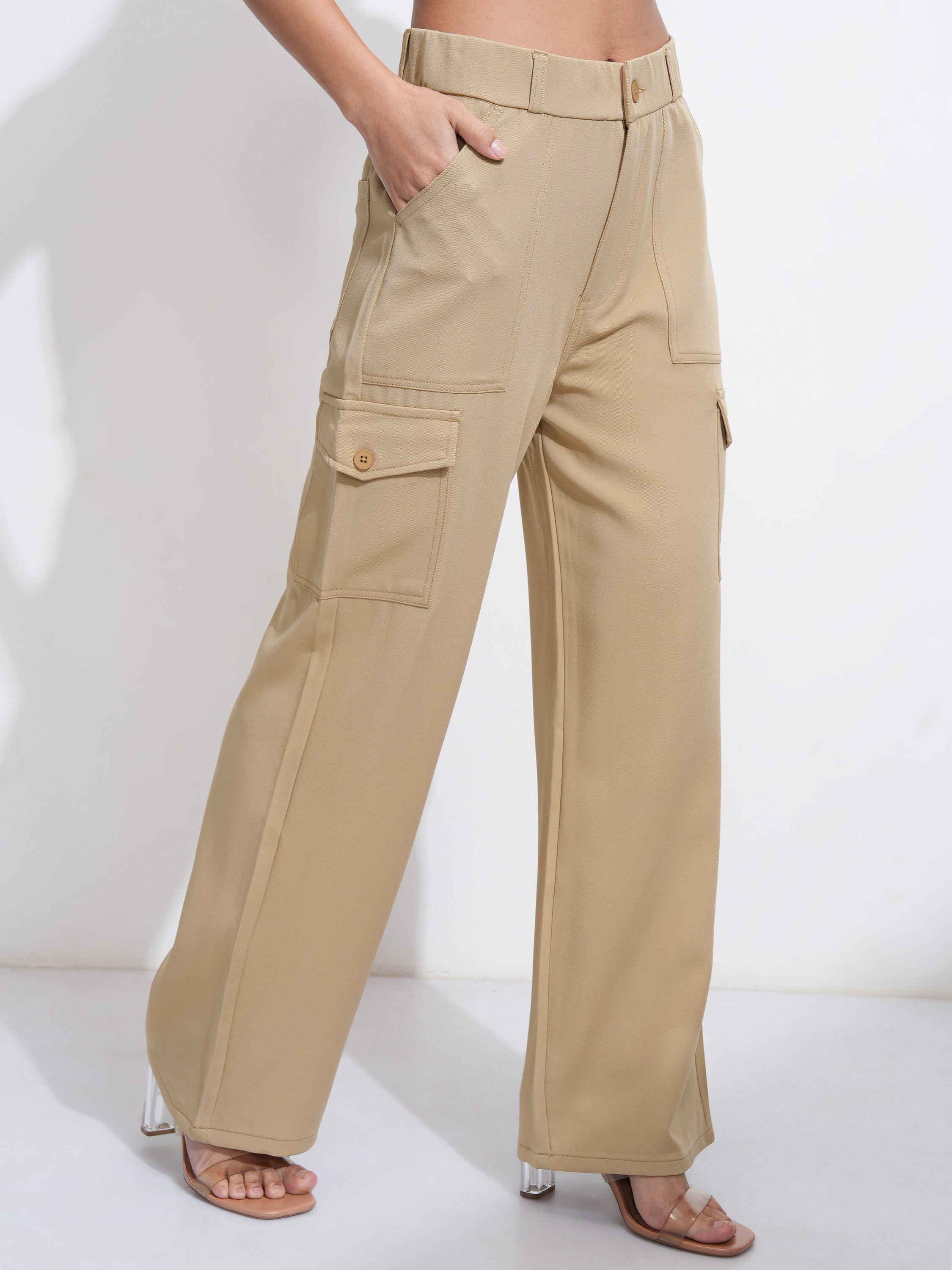 Tokyo Talkies Women Khaki Solid Straight Fit Cargos - Khaki - Image 6