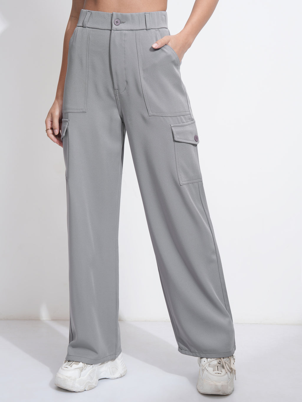 Tokyo Talkies Women Grey Solid Straight Fit Cargos - Grey - Image 1