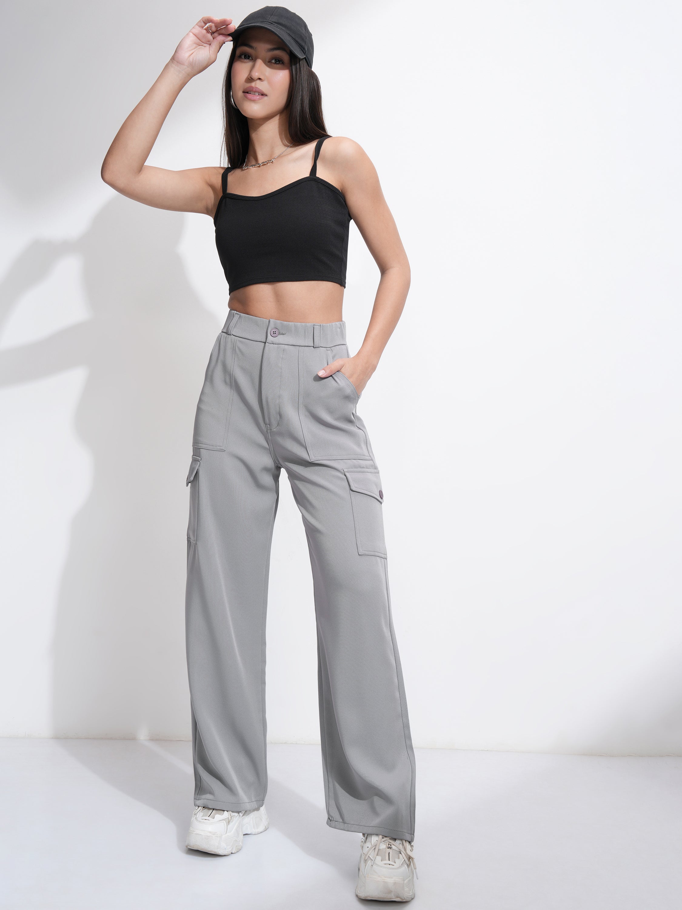 Tokyo Talkies Women Grey Solid Straight Fit Cargos - Grey - Image 2