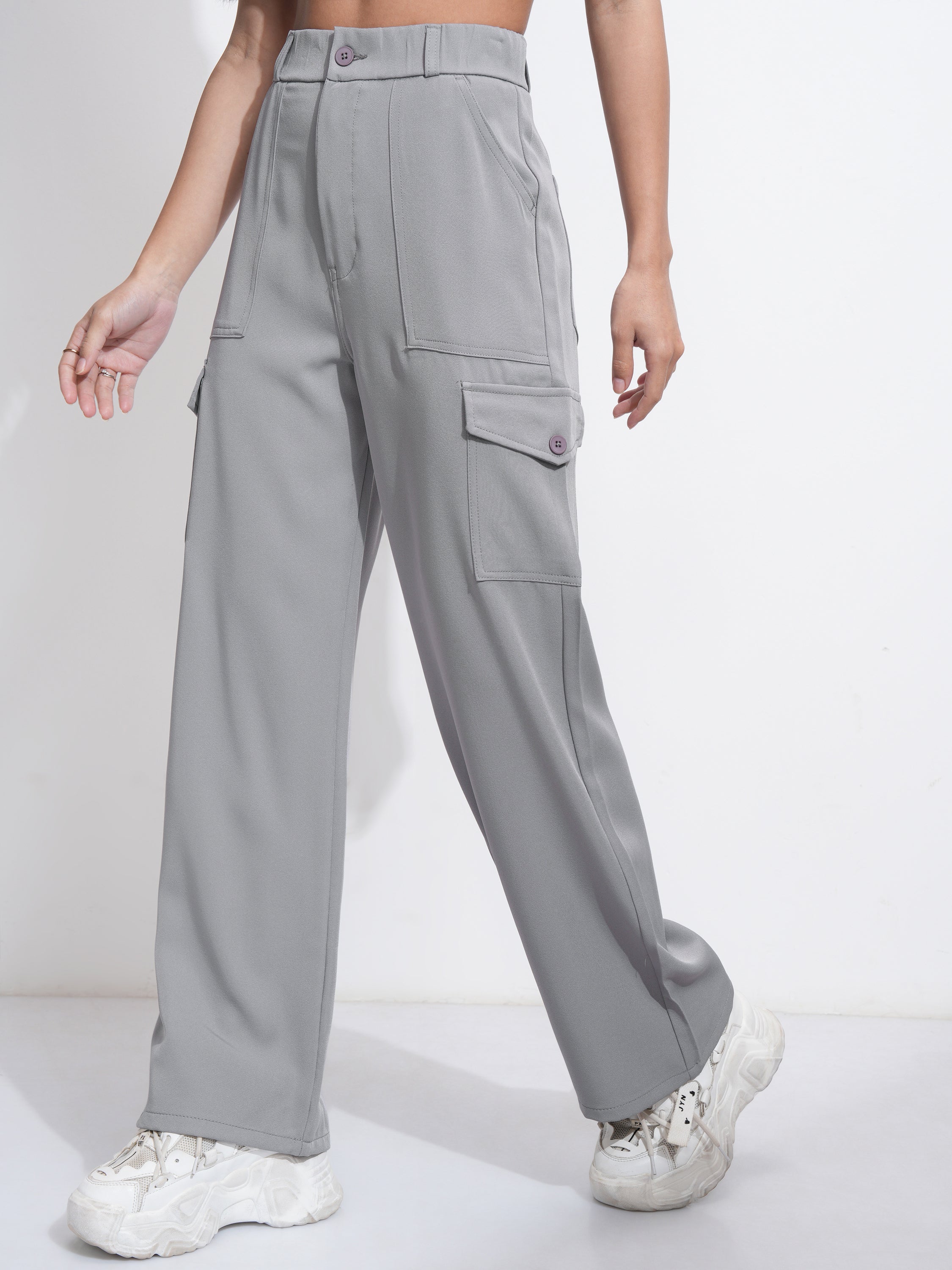 Tokyo Talkies Women Grey Solid Straight Fit Cargos - Grey - Image 4
