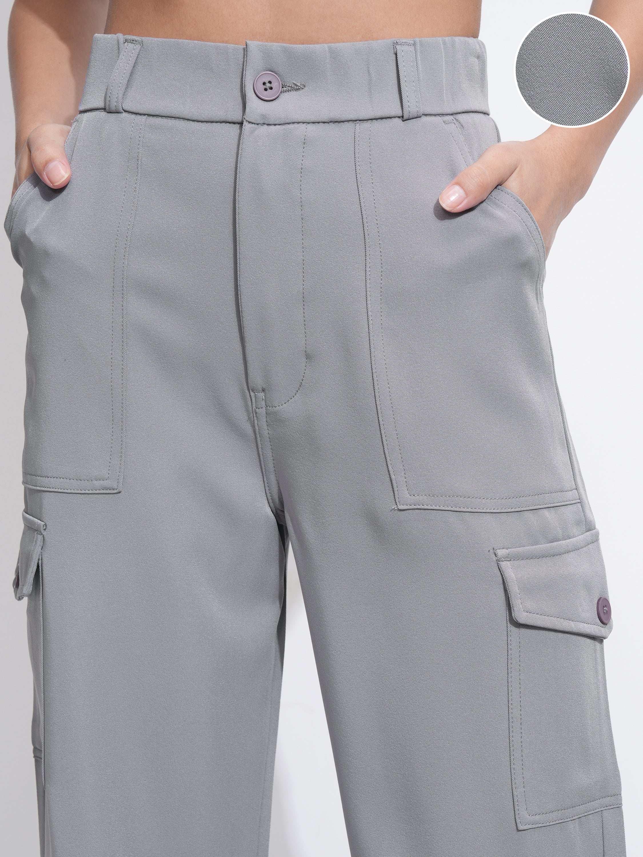 Tokyo Talkies Women Grey Solid Straight Fit Cargos - Grey - Image 5