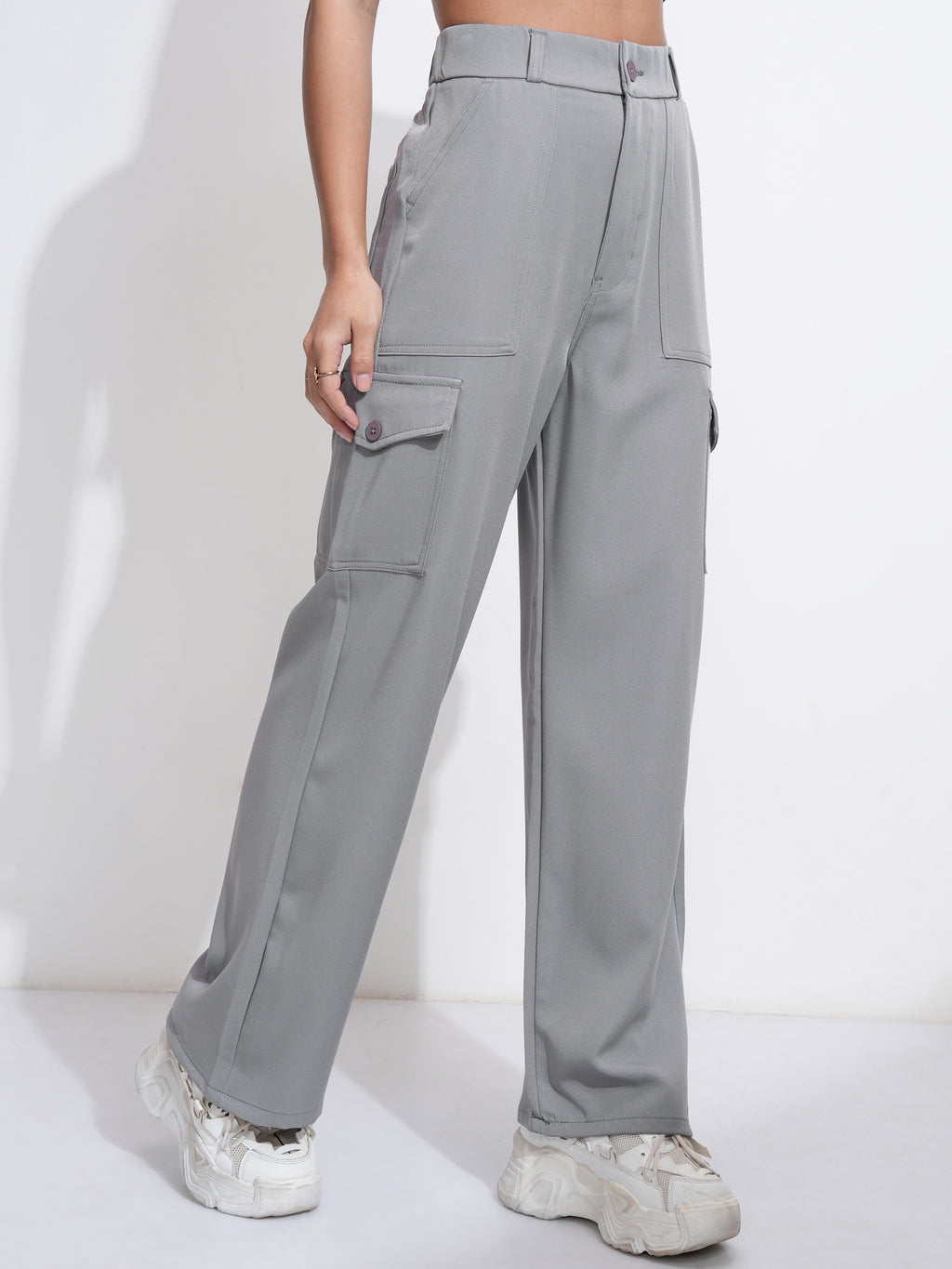 Tokyo Talkies Women Grey Solid Straight Fit Cargos - Grey - Image 6