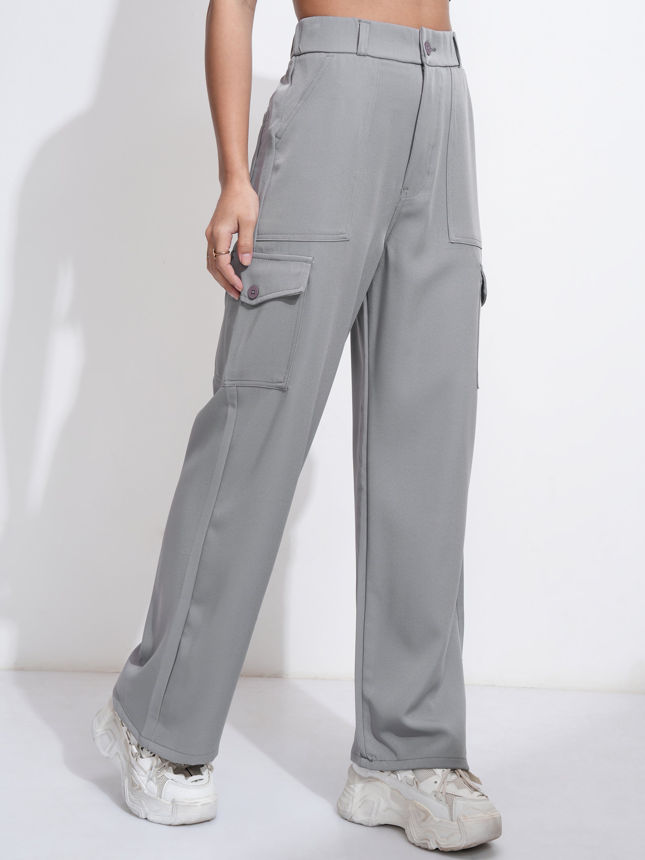 Tokyo Talkies Women Grey Solid Straight Fit Cargos - Grey - Image 6