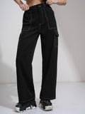 Tokyo Talkies Women Black Solid Straight Fit Cargos - Black - Image 1