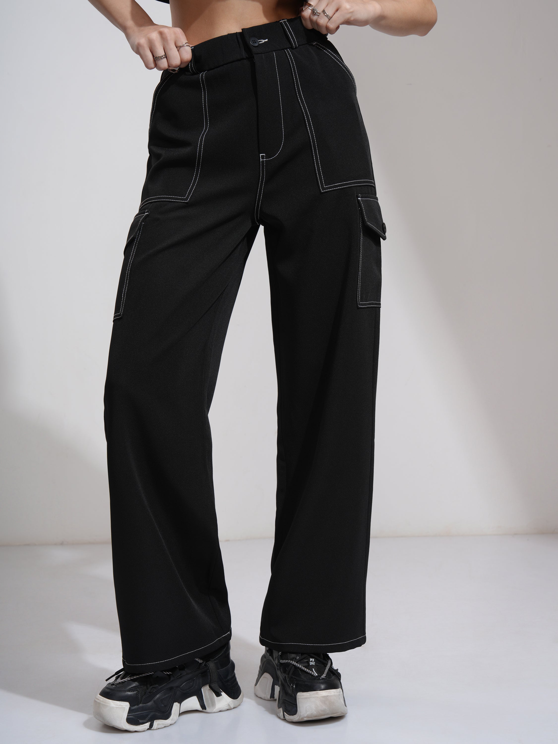 Tokyo Talkies Women Black Solid Straight Fit Cargos - Black - Image 1