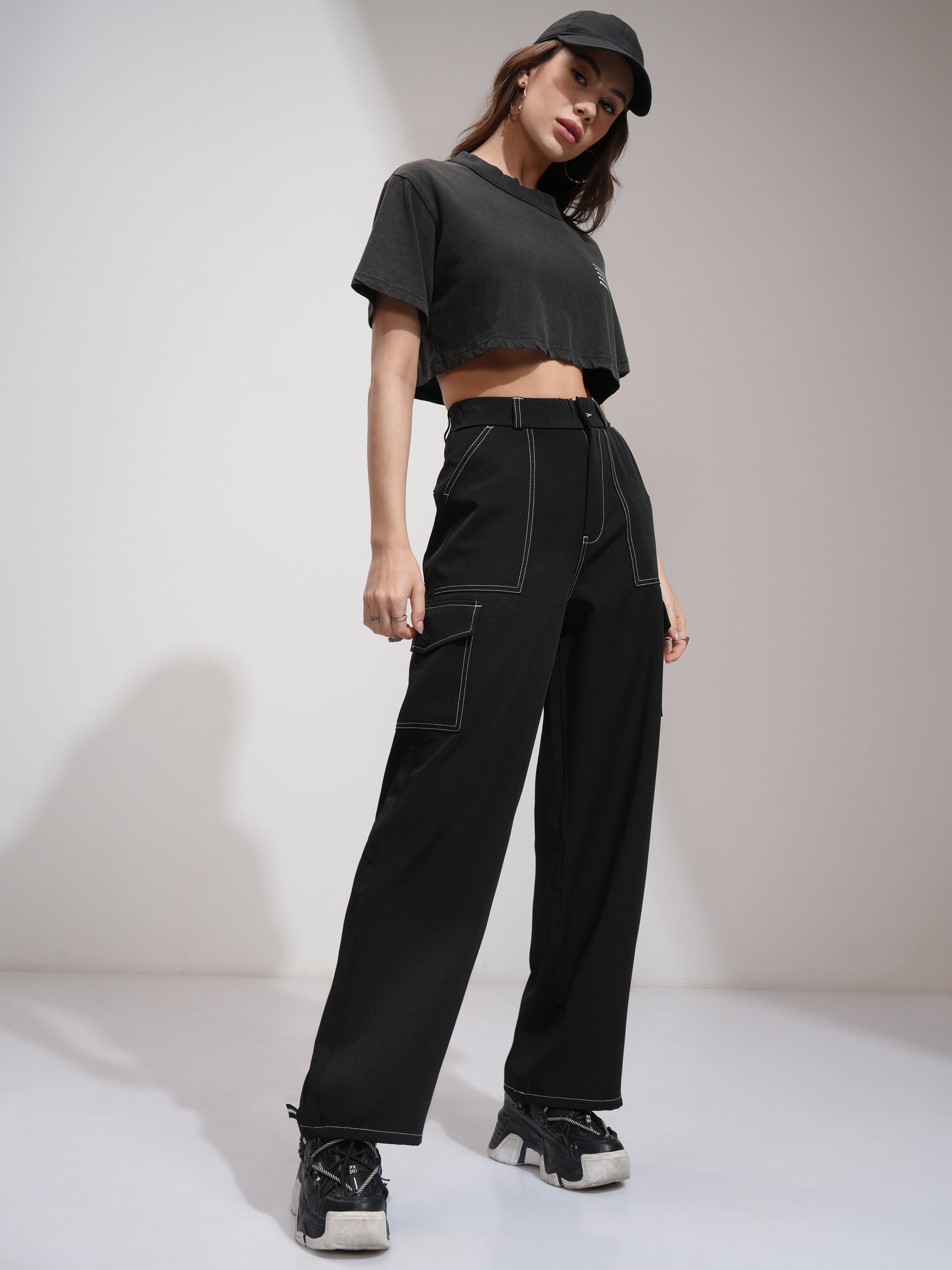 Tokyo Talkies Women Black Solid Straight Fit Cargos - Black - Image 2
