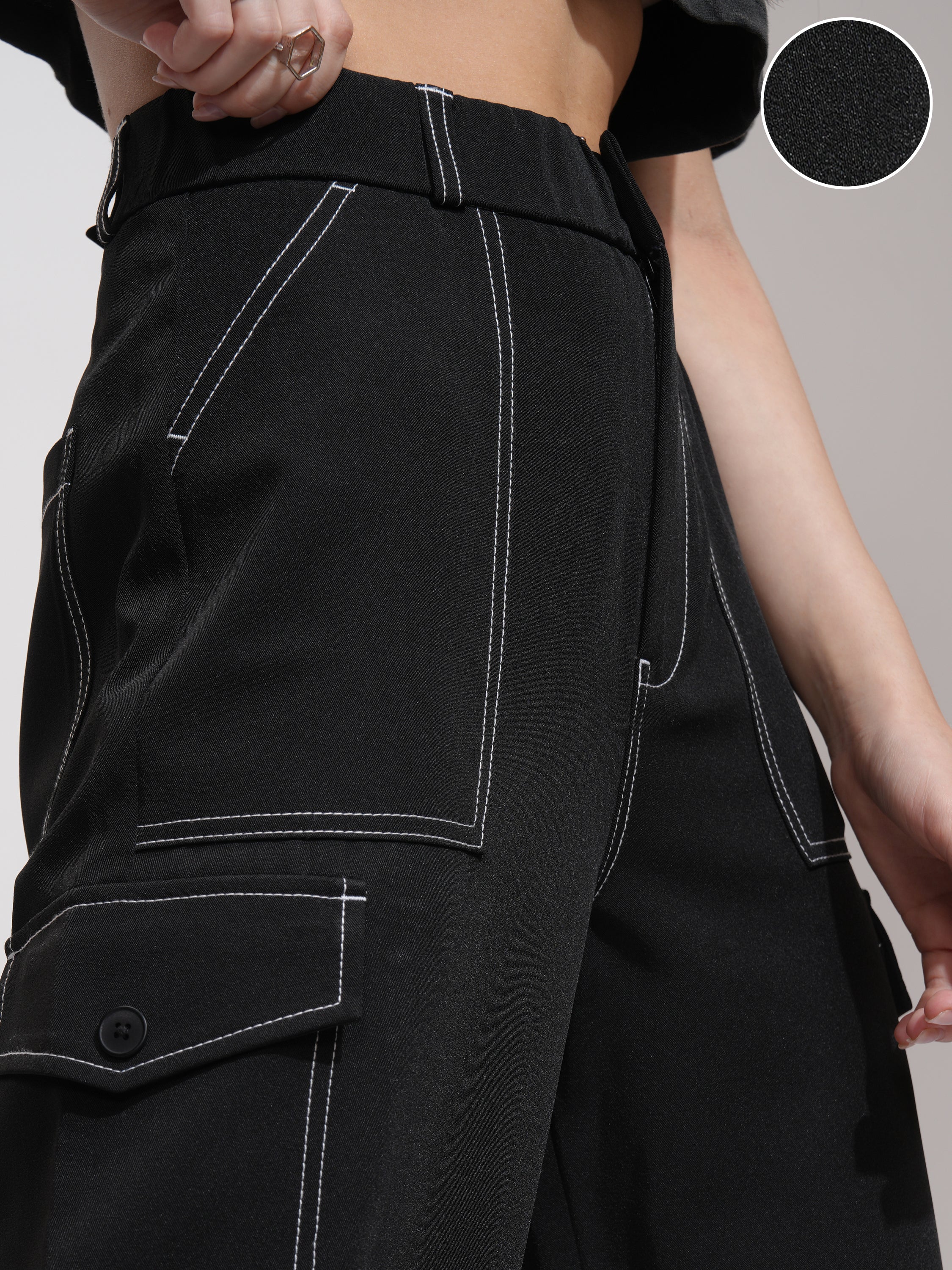 Tokyo Talkies Women Black Solid Straight Fit Cargos - Black - Image 5
