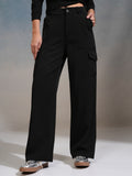 Tokyo Talkies Women Black Solid Straight Fit Cargos - Black - Image 1
