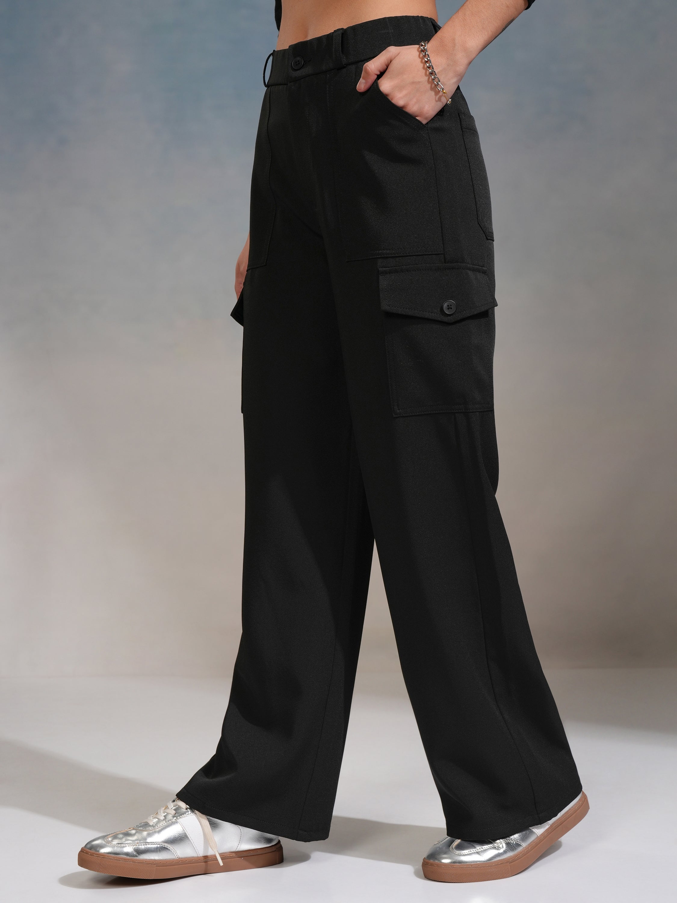 Tokyo Talkies Women Black Solid Straight Fit Cargos - Black - Image 4