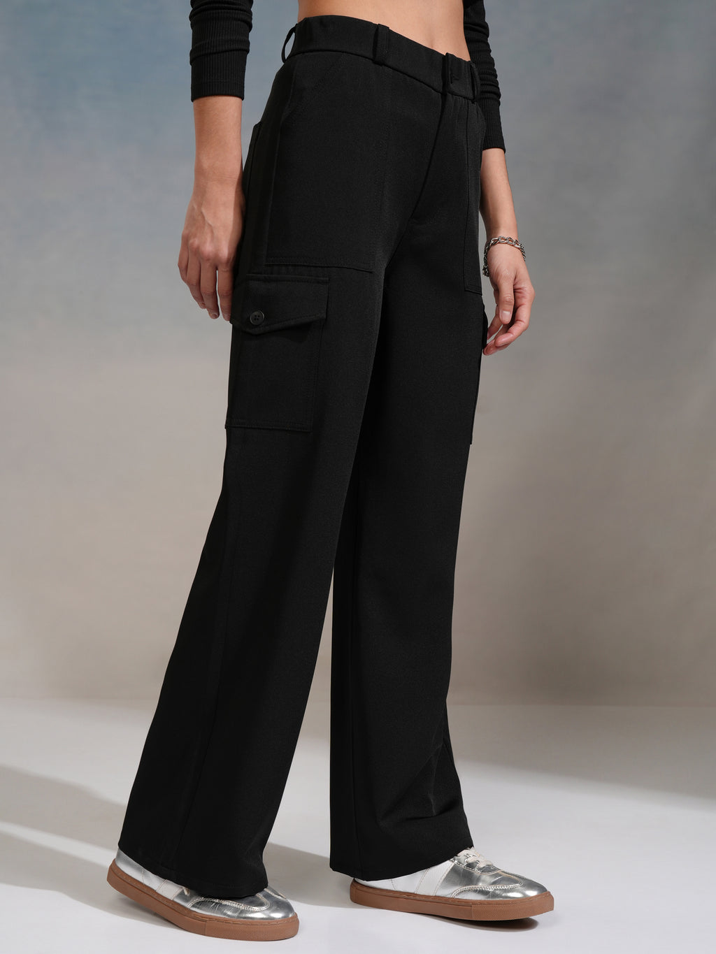 Tokyo Talkies Women Black Solid Straight Fit Cargos - Black - Image 6