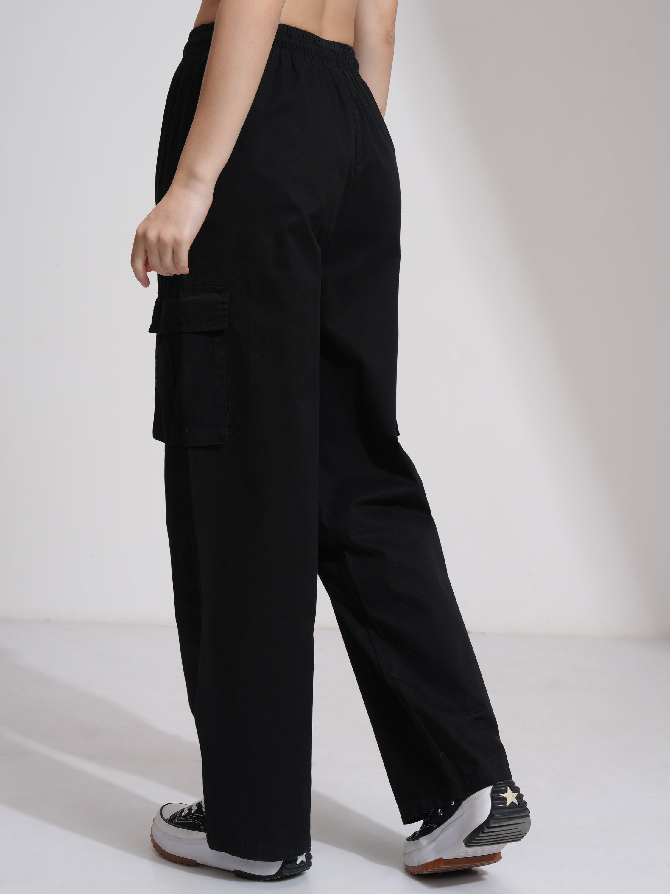 Tokyo Talkies Women Black Solid Straight Fit Cargos - Black - Image 3
