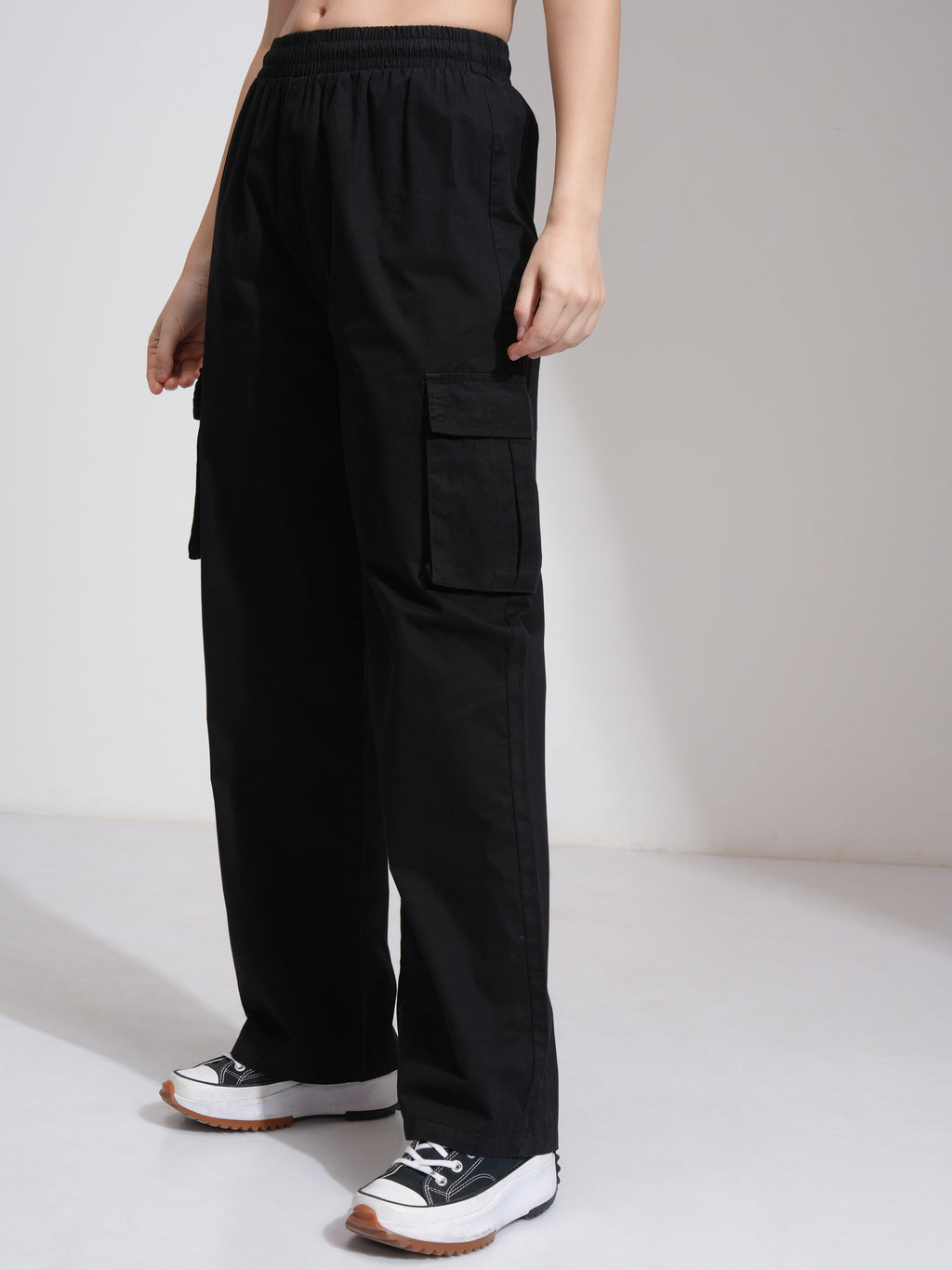 Tokyo Talkies Women Black Solid Straight Fit Cargos - Black - Image 4