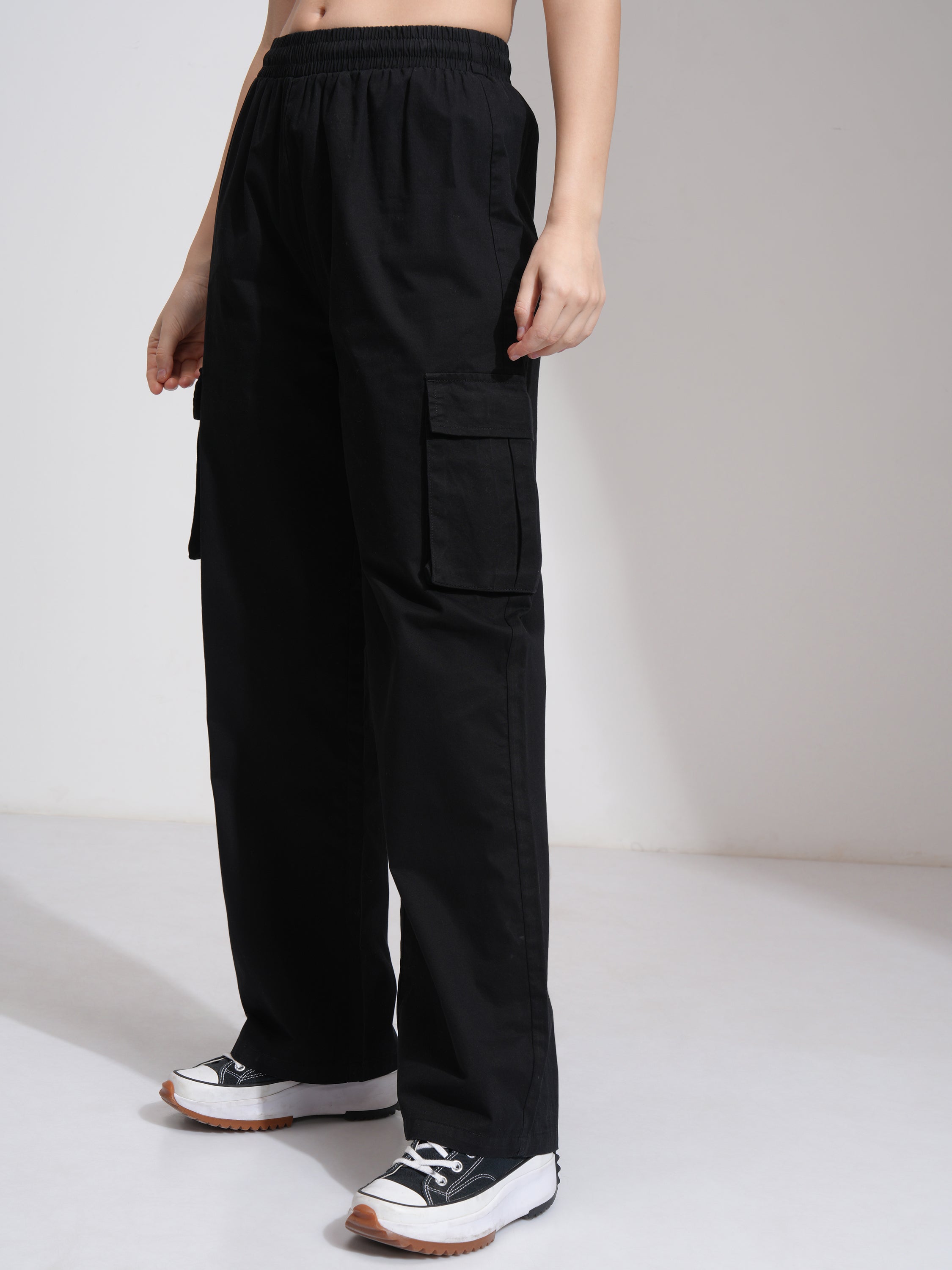 Tokyo Talkies Women Black Solid Straight Fit Cargos - Black - Image 4