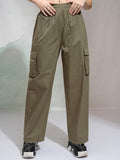Tokyo Talkies Women Olive Solid Straight Fit Cargos - Olive - Image 1