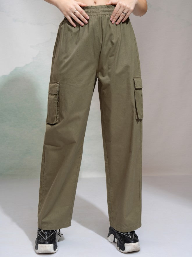 Tokyo Talkies Women Olive Solid Straight Fit Cargos - Olive - Image 1