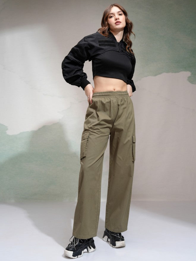 Tokyo Talkies Women Olive Solid Straight Fit Cargos - Olive - Image 2