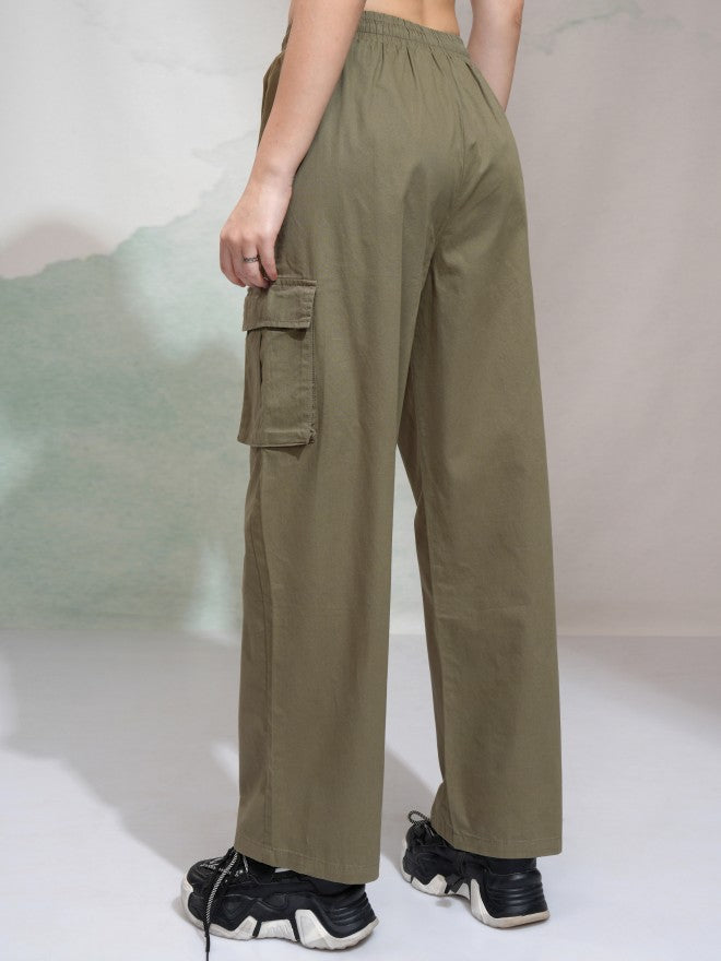Tokyo Talkies Women Olive Solid Straight Fit Cargos - Olive - Image 3