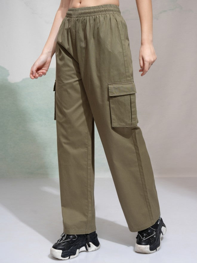 Tokyo Talkies Women Olive Solid Straight Fit Cargos - Olive - Image 4