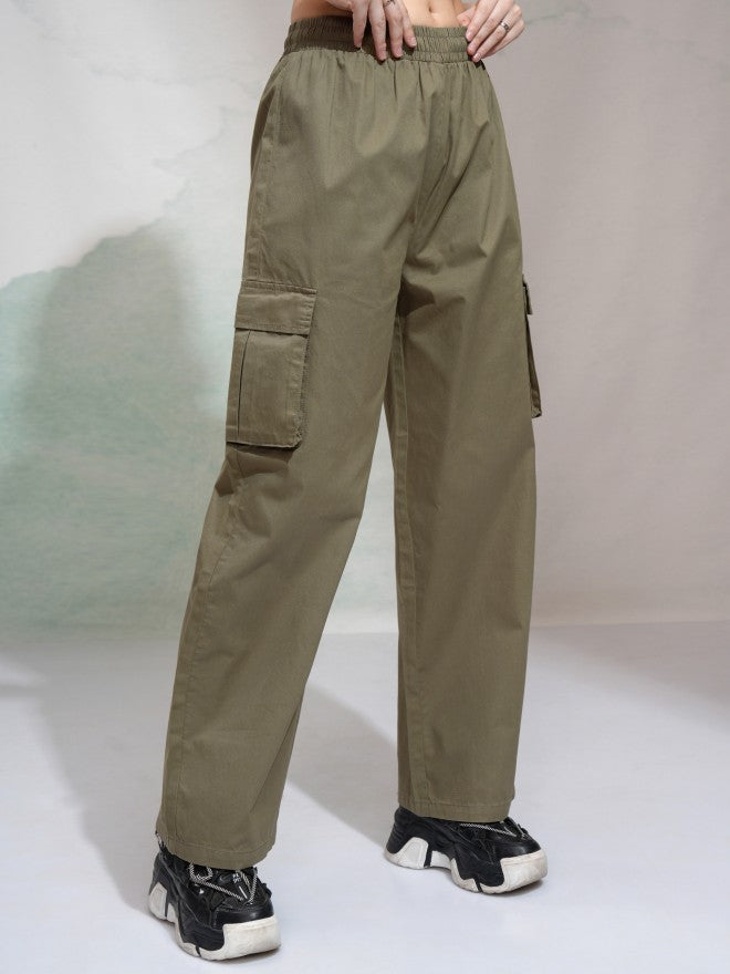 Tokyo Talkies Women Olive Solid Straight Fit Cargos - Olive - Image 6