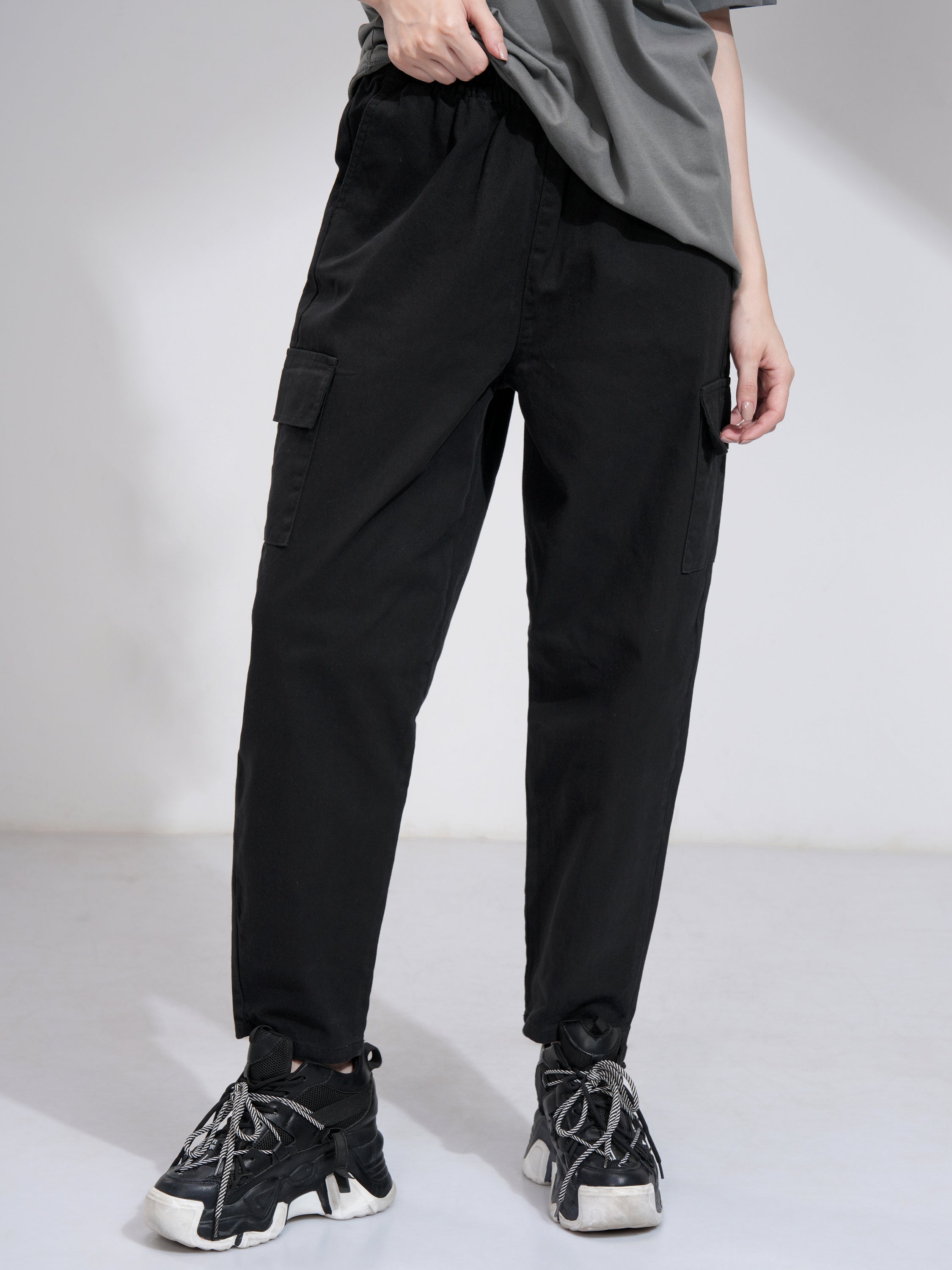 Tokyo Talkies Women Black Solid Mom Fit Cargos - Black - Image 1