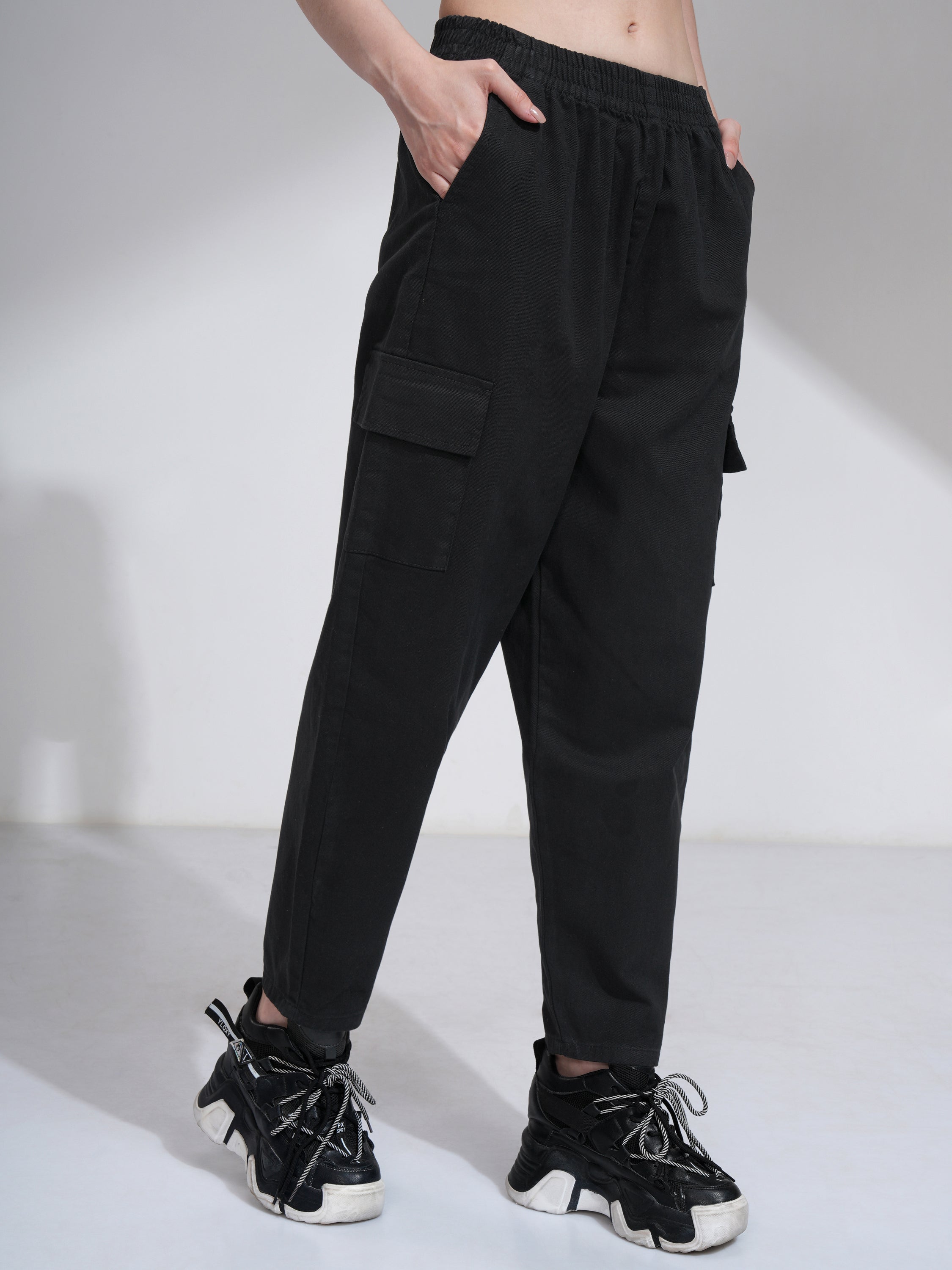 Tokyo Talkies Women Black Solid Mom Fit Cargos - Black - Image 6