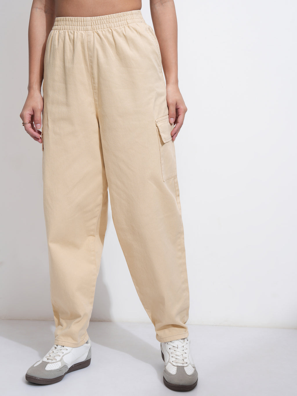 Tokyo Talkies Women Beige Solid Mom Fit Cargos - Beige - Image 1