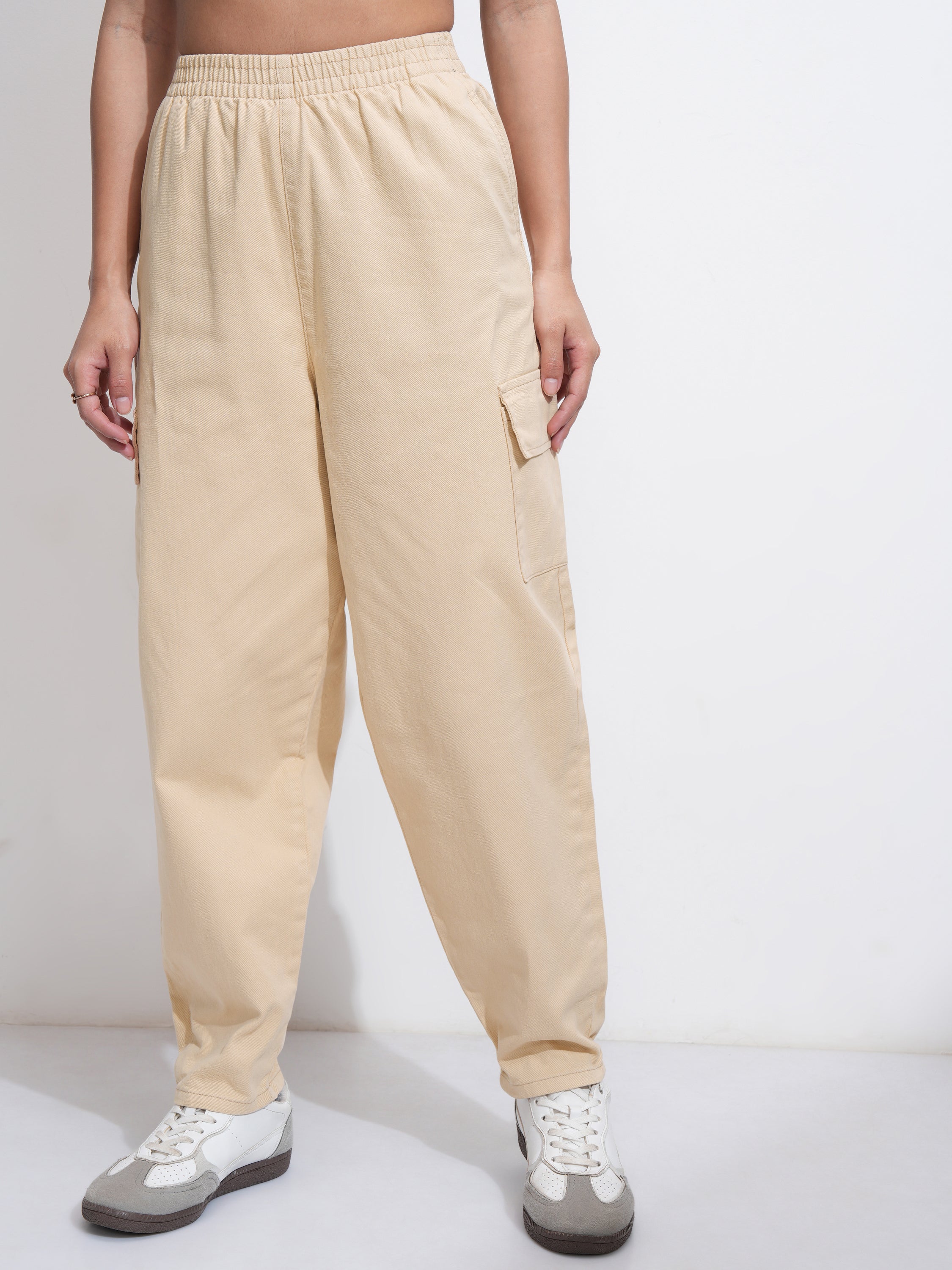 Tokyo Talkies Women Beige Solid Mom Fit Cargos - Beige - Image 1
