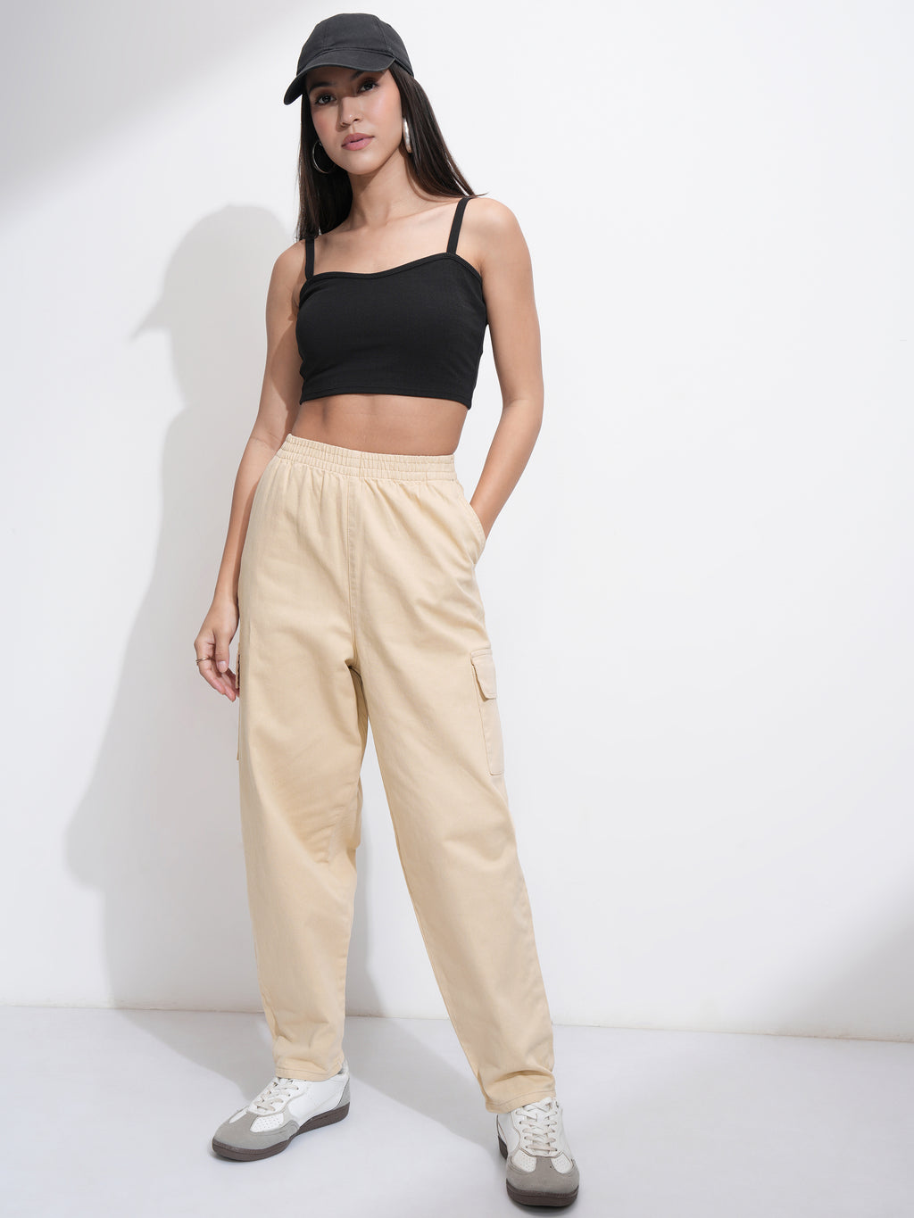 Tokyo Talkies Women Beige Solid Mom Fit Cargos - Beige - Image 2