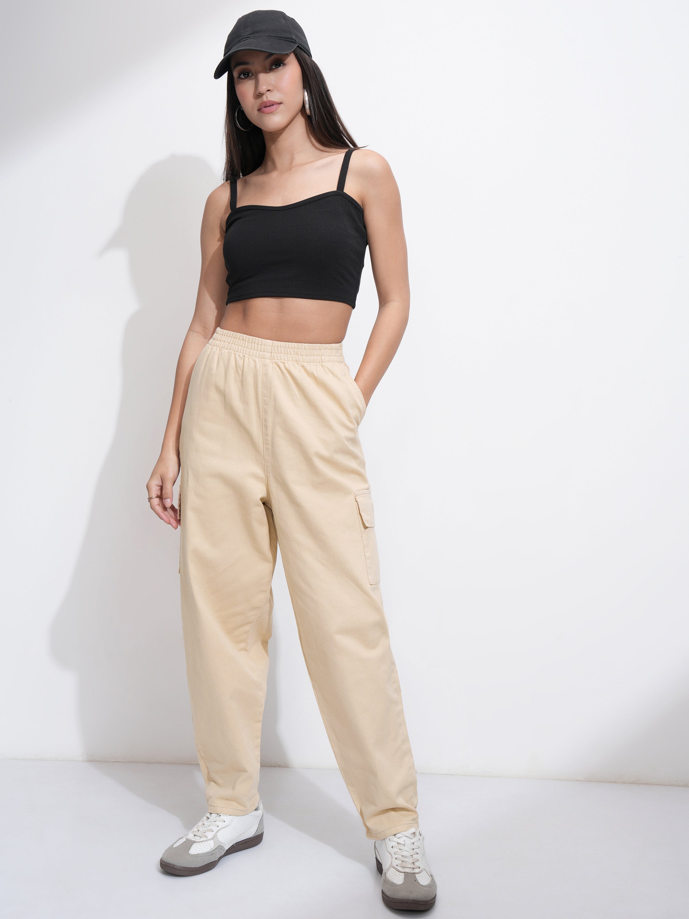 Tokyo Talkies Women Beige Solid Mom Fit Cargos - Beige - Image 2