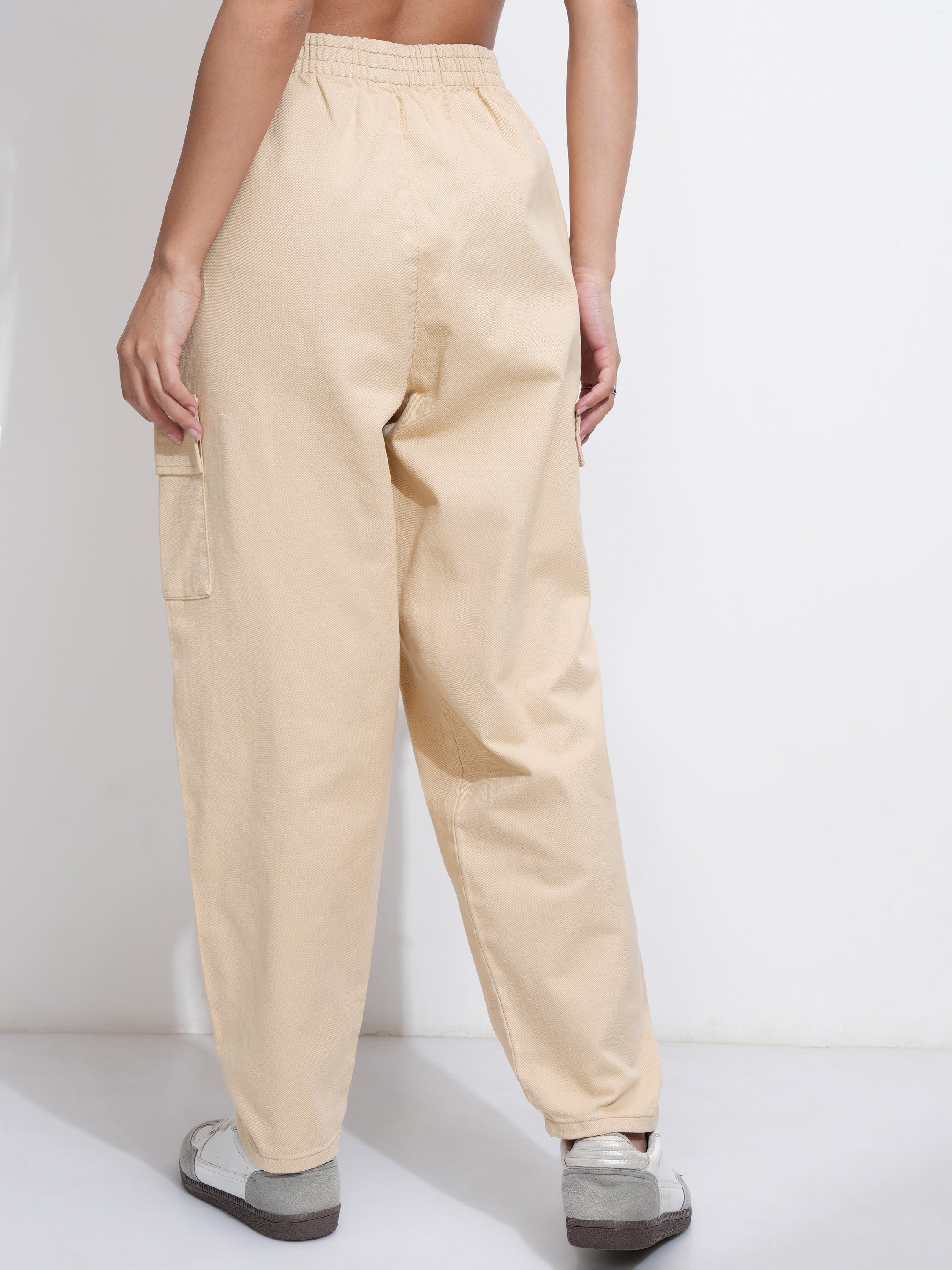 Tokyo Talkies Women Beige Solid Mom Fit Cargos - Beige - Image 3