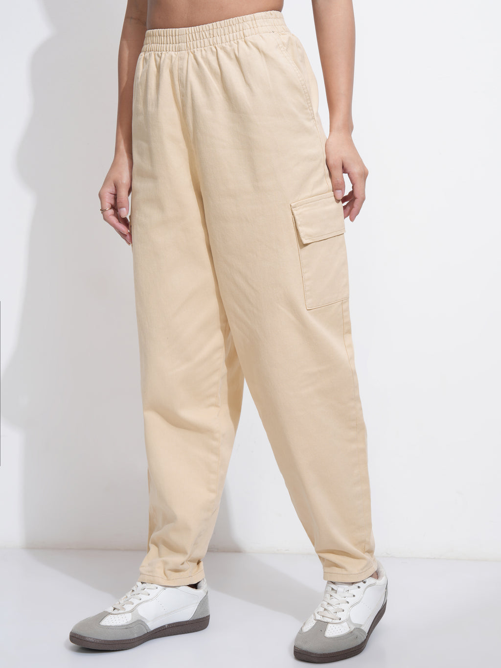 Tokyo Talkies Women Beige Solid Mom Fit Cargos - Beige - Image 4