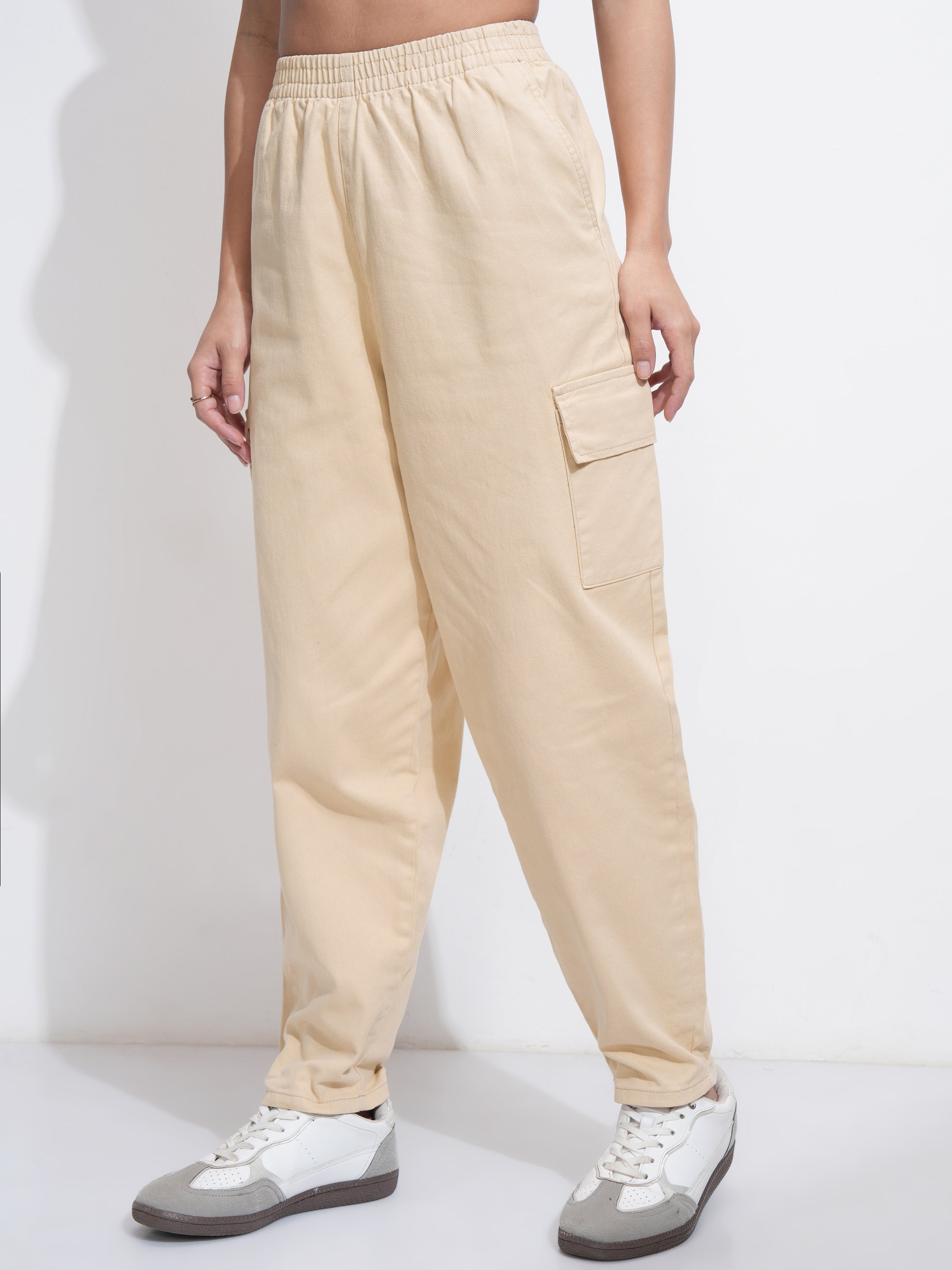 Tokyo Talkies Women Beige Solid Mom Fit Cargos - Beige - Image 4
