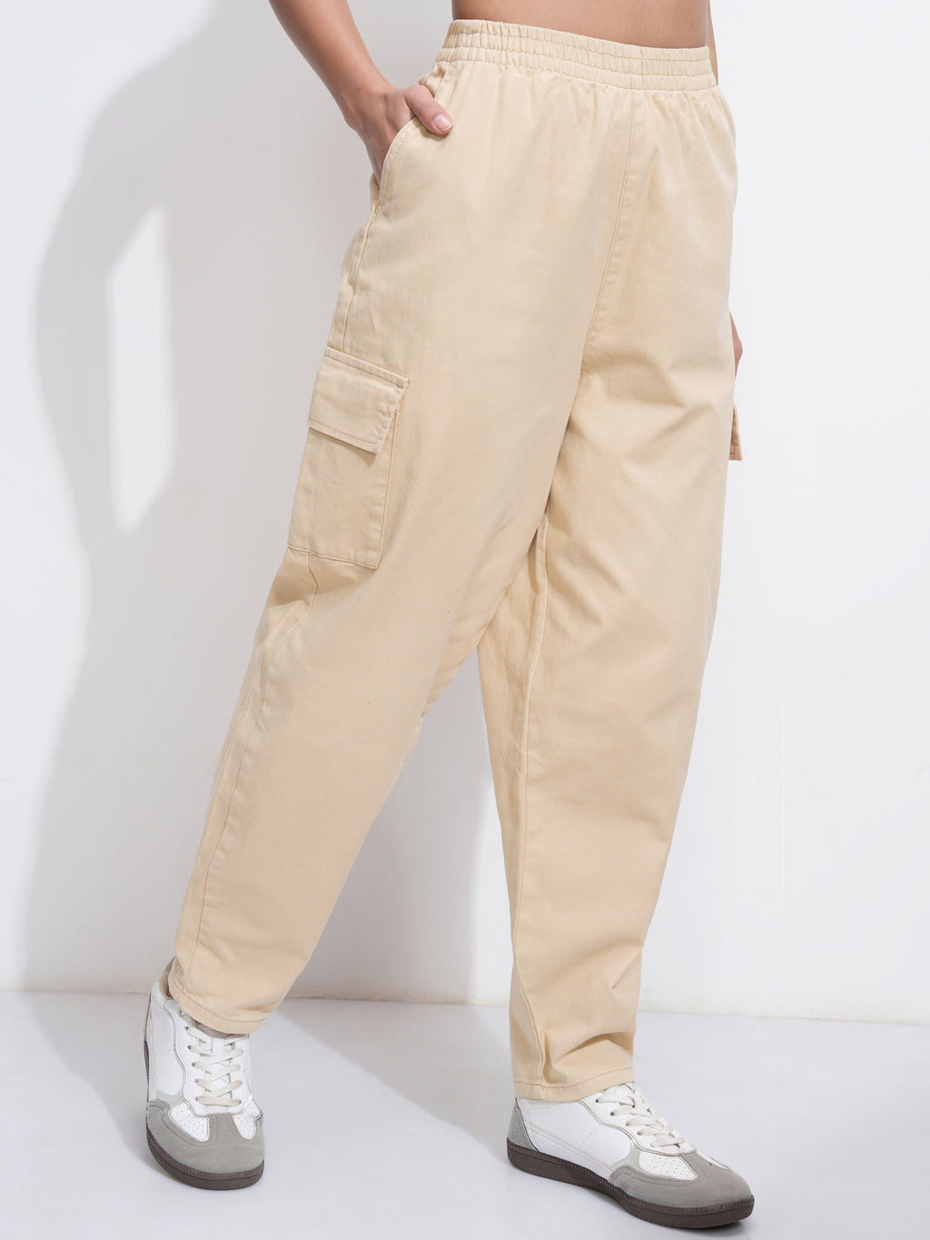 Tokyo Talkies Women Beige Solid Mom Fit Cargos - Beige - Image 6