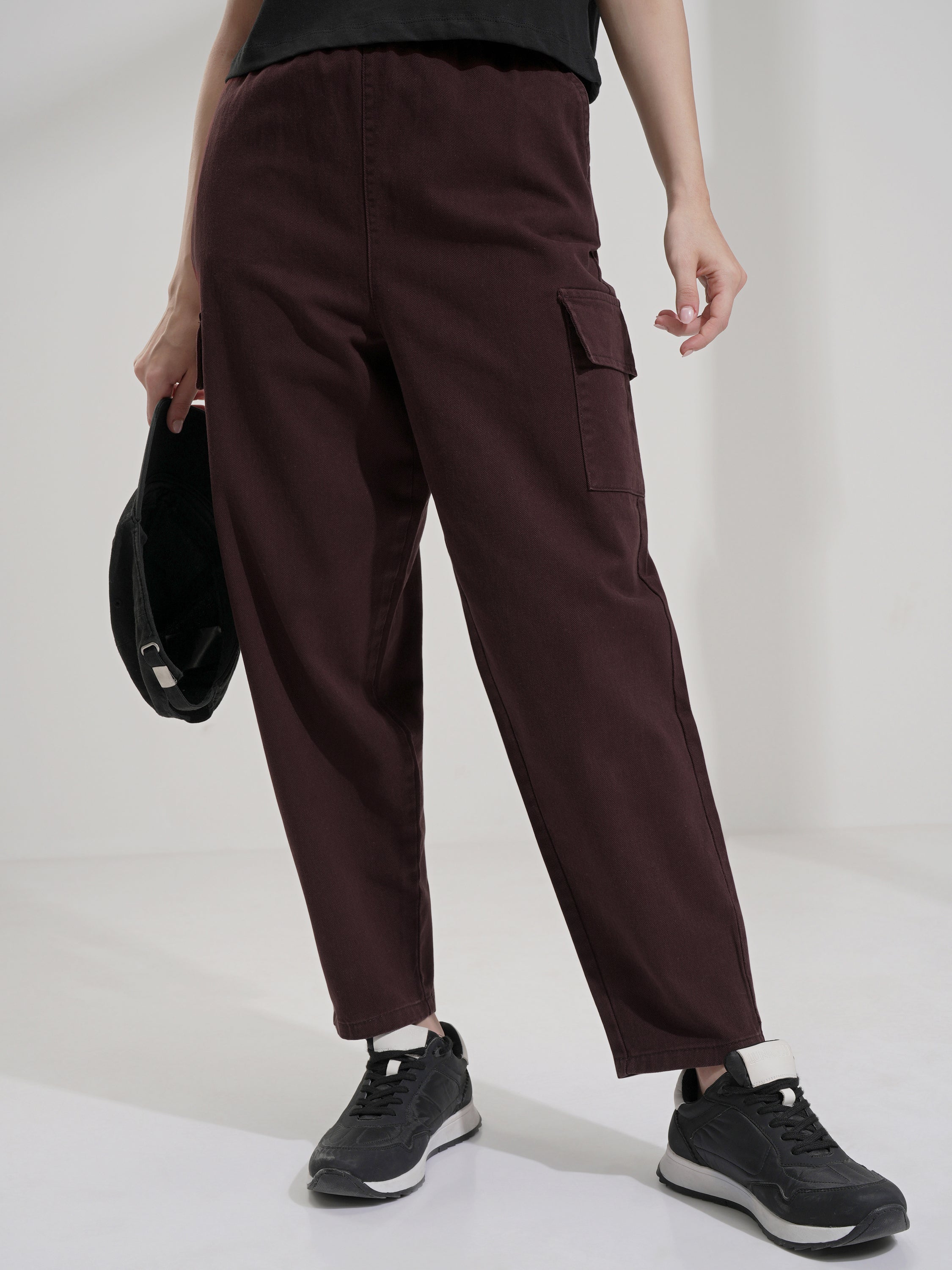 Tokyo Talkies Women Maroon Solid Mom Fit Cargos - Maroon - Image 1