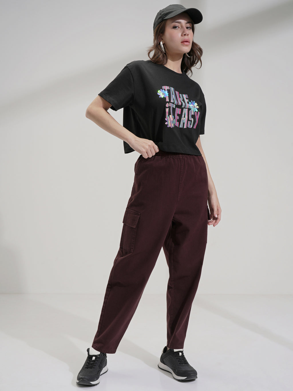 Tokyo Talkies Women Maroon Solid Mom Fit Cargos - Maroon - Image 2