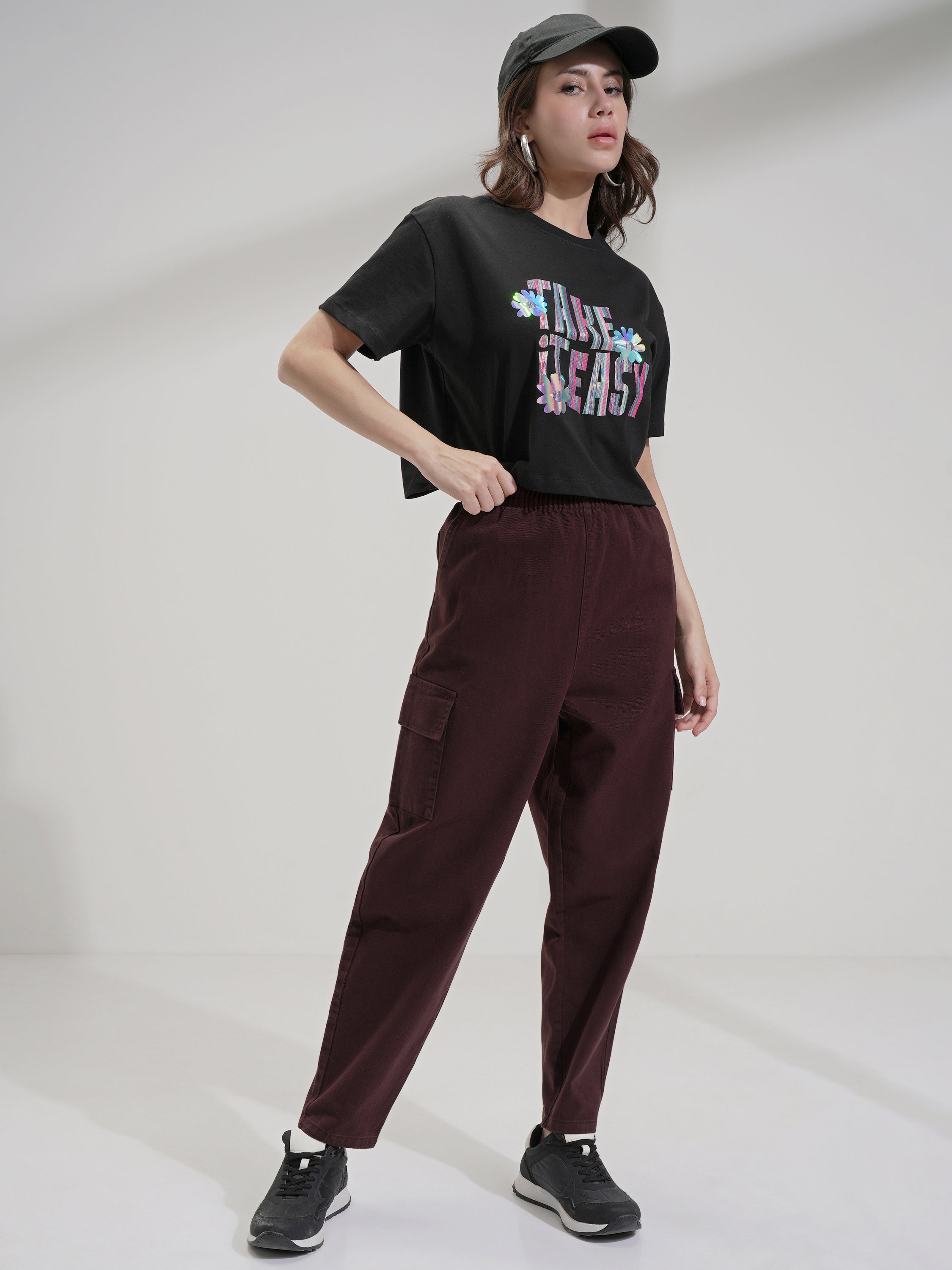 Tokyo Talkies Women Maroon Solid Mom Fit Cargos - Maroon - Image 2