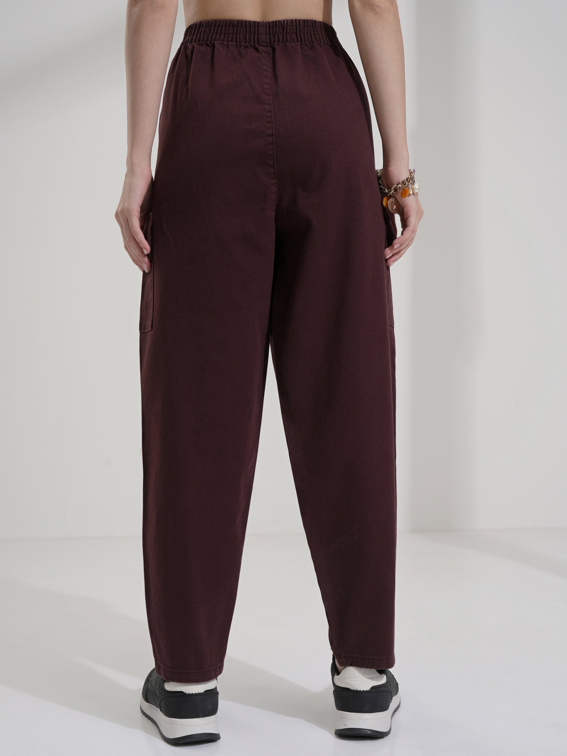Tokyo Talkies Women Maroon Solid Mom Fit Cargos - Maroon - Image 3