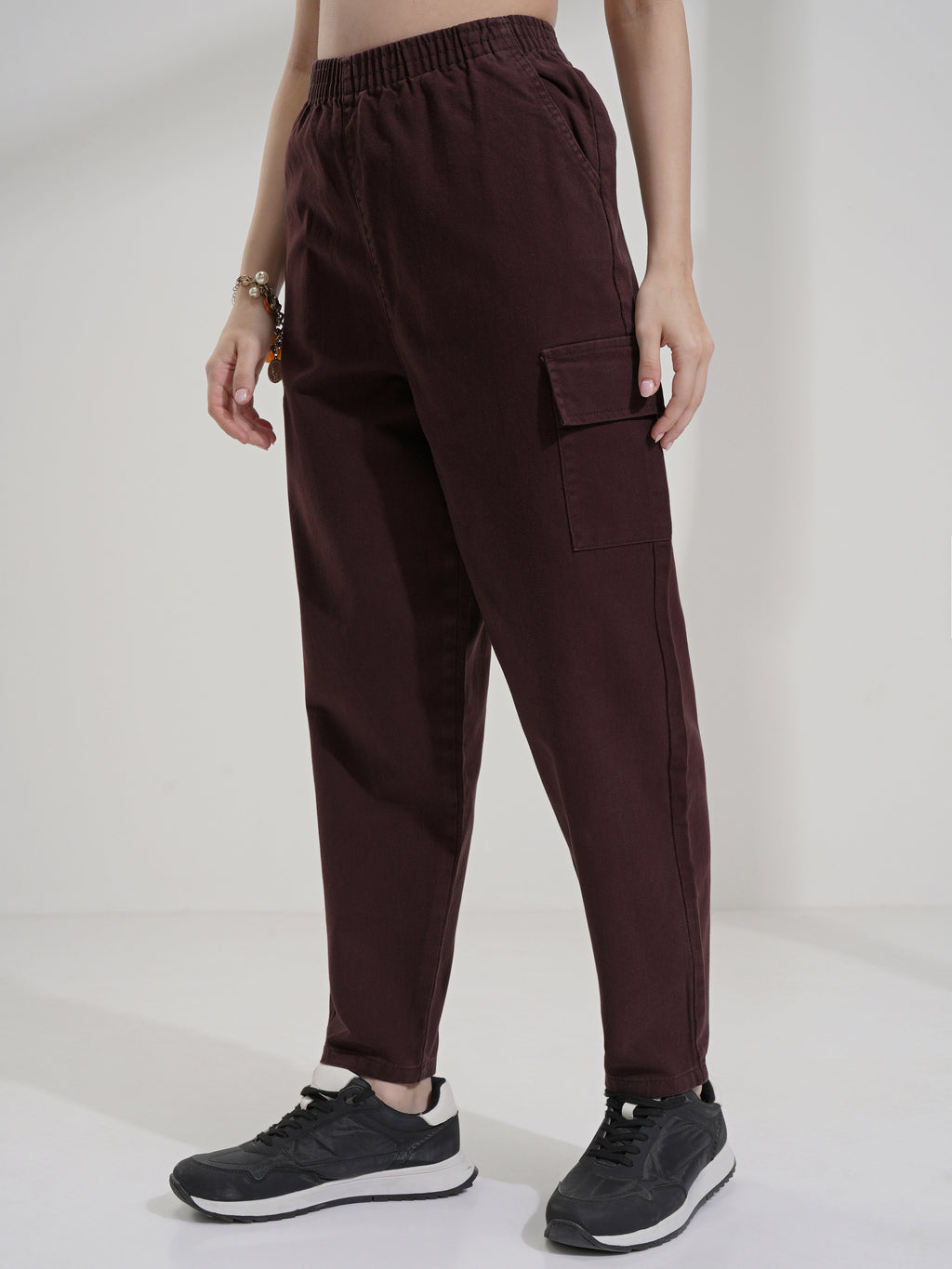 Tokyo Talkies Women Maroon Solid Mom Fit Cargos - Maroon - Image 4