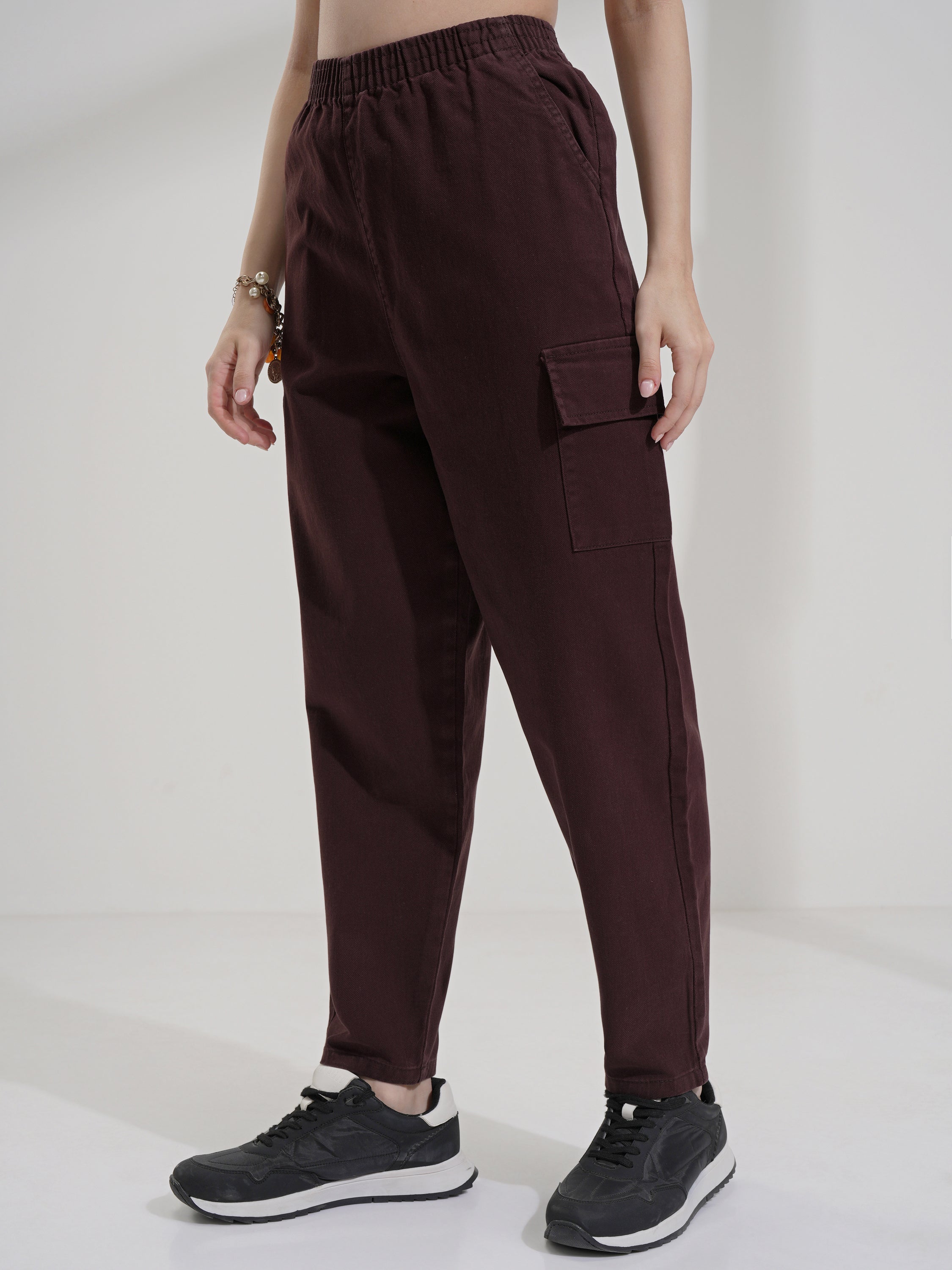 Tokyo Talkies Women Maroon Solid Mom Fit Cargos - Maroon - Image 4