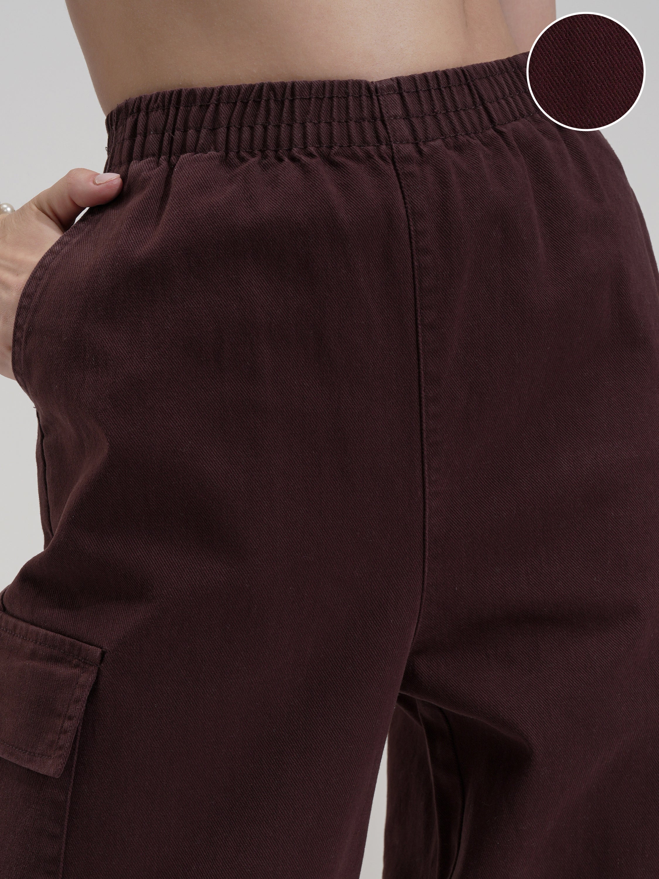 Tokyo Talkies Women Maroon Solid Mom Fit Cargos - Maroon - Image 5