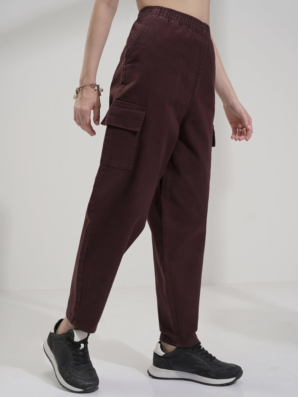 Tokyo Talkies Women Maroon Solid Mom Fit Cargos - Maroon - Image 6